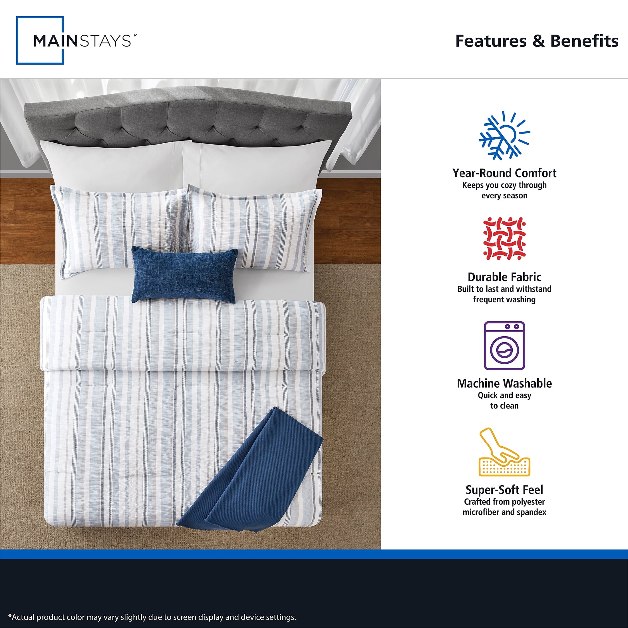 Fluffy Down Alternative Full/Queen Comforter Set, All-Season, 5-Piece, Blue Yarn Dyed Stripe - All-Season Down Alternative Comforter Insert Detail
