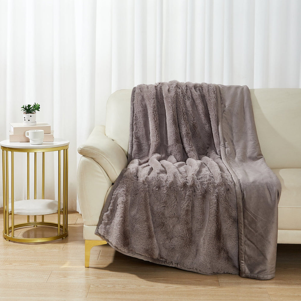 Super Soft Flannel Grey Faux Fur Ultra Soft Luxury Oversized Throw Blanket 50" x 72", Grey Bisque - Luxury Knitted Decorative Throw Blanket with Fringes Detail