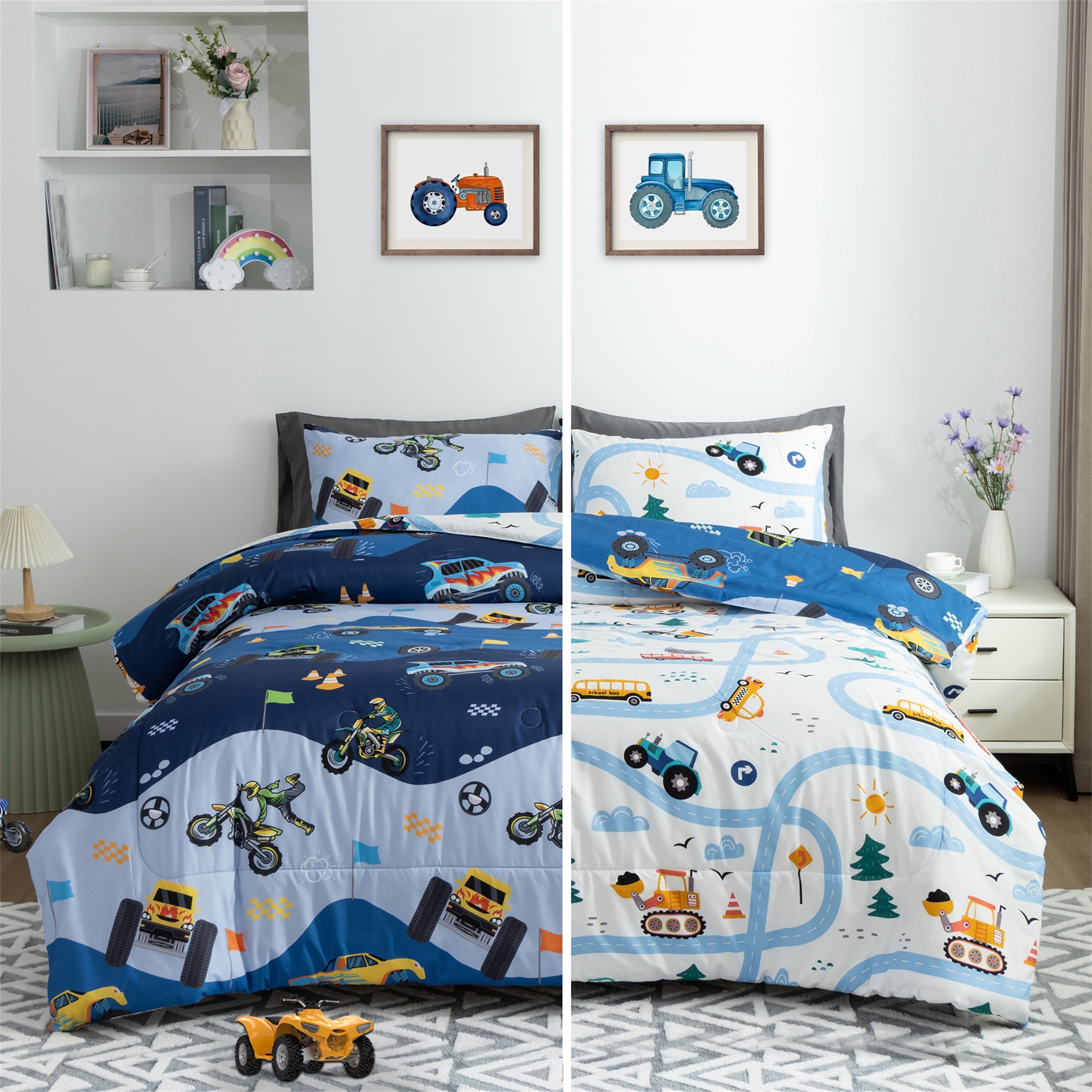 Luxurious Quilted 3Pcs Reversible Construction Truck Twin Comforter Set for Boys Kids Excavator Vehicle Motorcycle Bedding Set Blue - Luxurious Quilted Duvet Cover Set Detail
