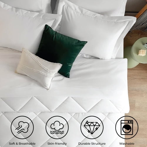 Luxurious Quilted Comforter Set 7-Piece Bed in a Bag - Adult, White, Queen - Hypoallergenic Ultra-Fluffy Quilt for Winter Detail