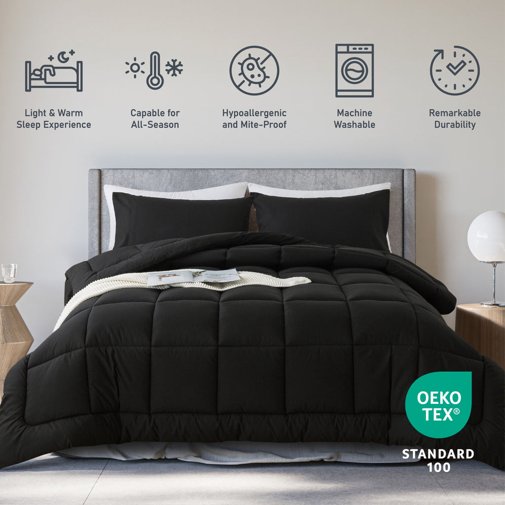 Hypoallergenic Cloud Queen Size 3-Piece All-Season Down Alternative Comforter Set Deep Black (Comforter and Pillowcase Bedding Set / bed i... - Cloud-Like Soft Lightweight Bed Comforter Detail