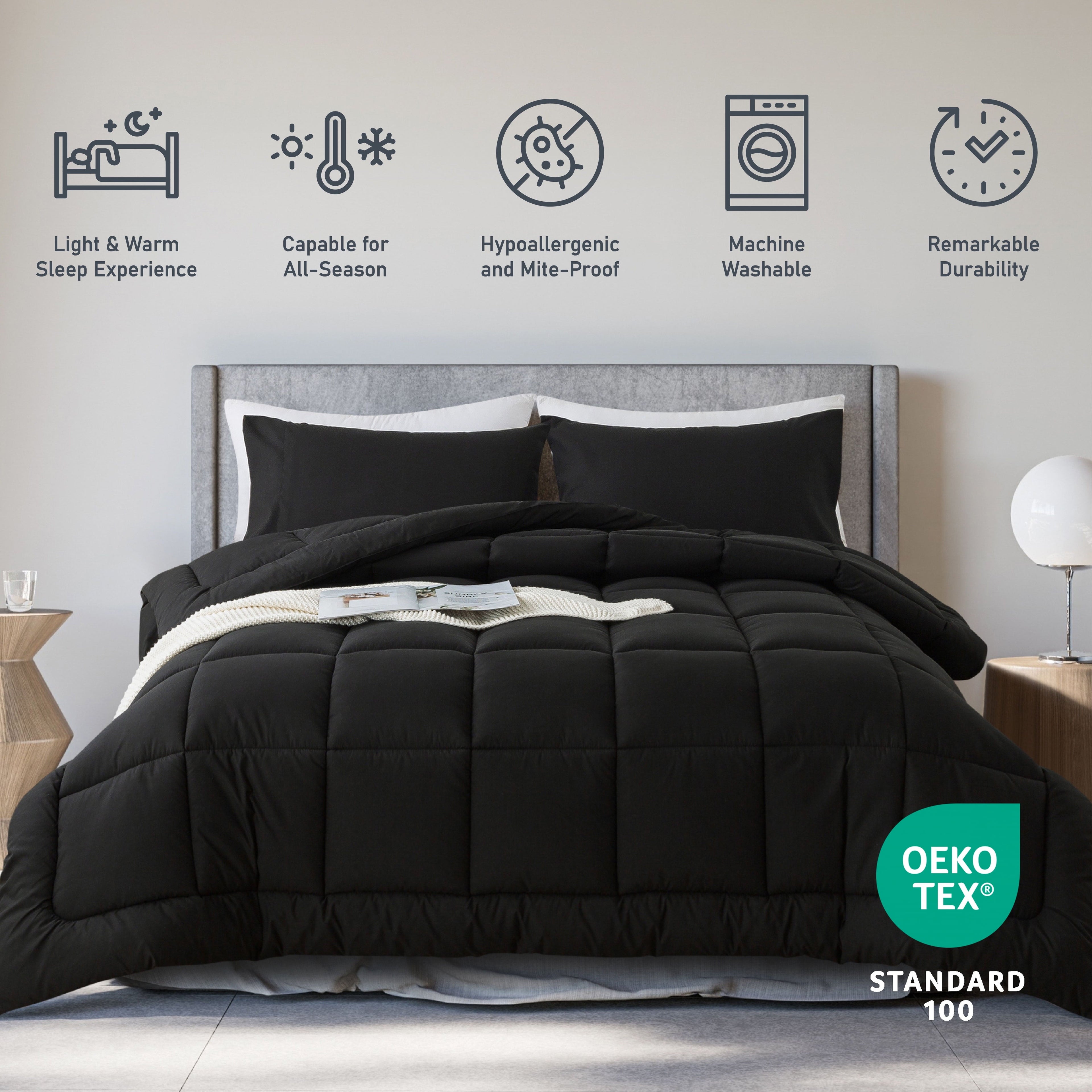 Hypoallergenic Cloud Queen Size 3-Piece All-Season Down Alternative Comforter Set Deep Black (Comforter and Pillowcase Bedding Set / bed i... - Cloud-Like Soft Lightweight Bed Comforter Detail