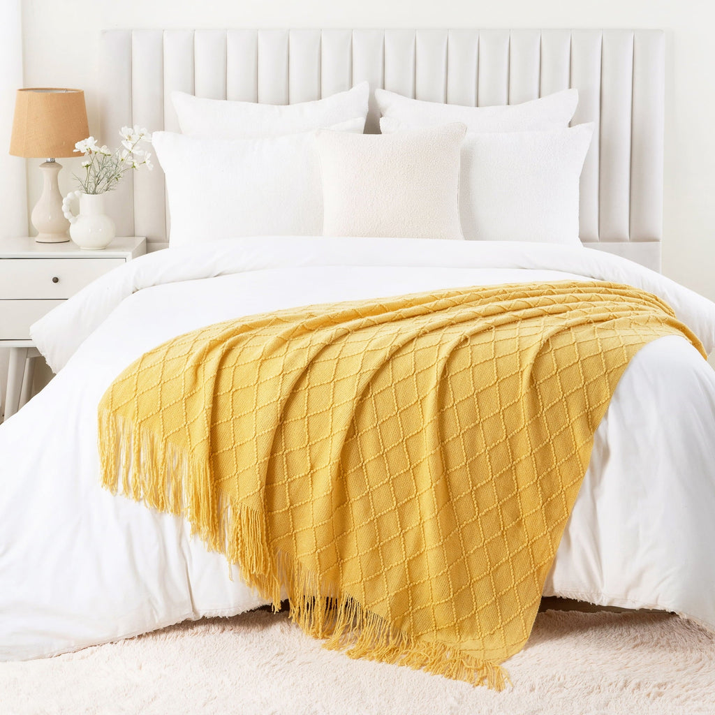 Super Soft Flannel Mustard Throw Blanket for Couch,Gold Yellow Knit Throw with Fringe,Outdoor Throw ,50"x60" - Cozy Fleece Throw Blanket for Couch & Bed Detail