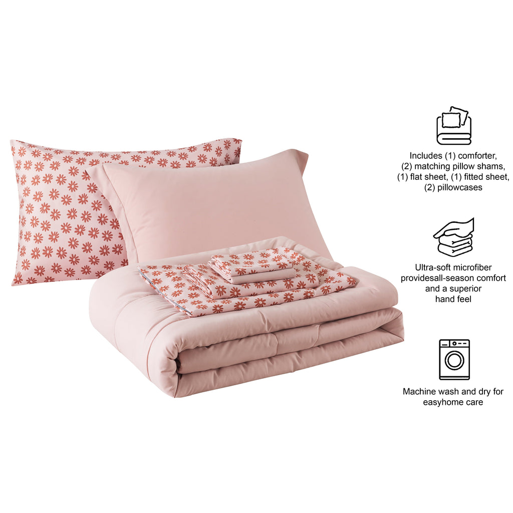 Luxurious Quilted 7-Piece Reversible Bed in a Bag Comforter Set with Sheets, Pink, Queen - Cloud-Like Soft Lightweight Bed Comforter Detail
