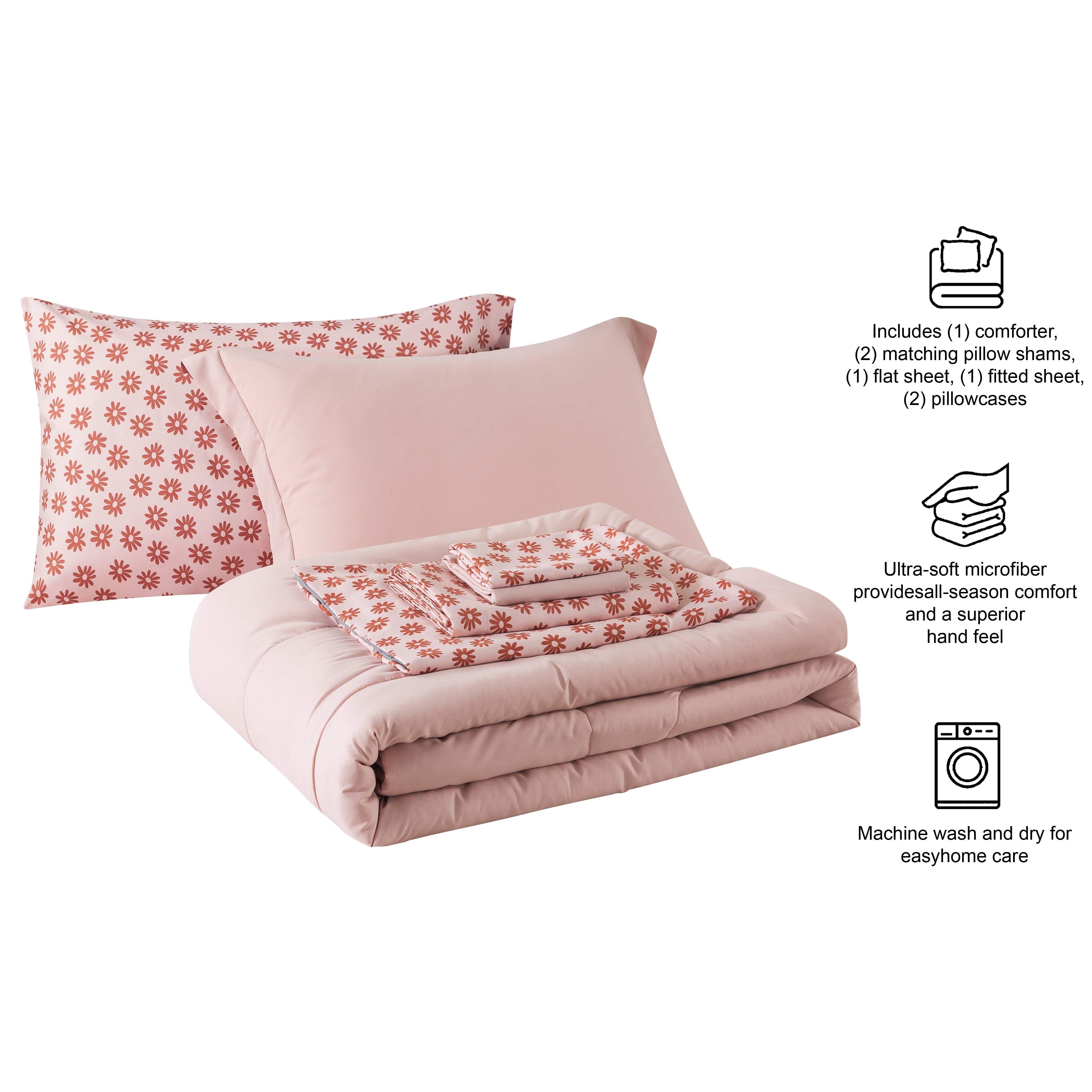 Luxurious Quilted 7-Piece Reversible Bed in a Bag Comforter Set with Sheets, Pink, Queen - Cloud-Like Soft Lightweight Bed Comforter Detail