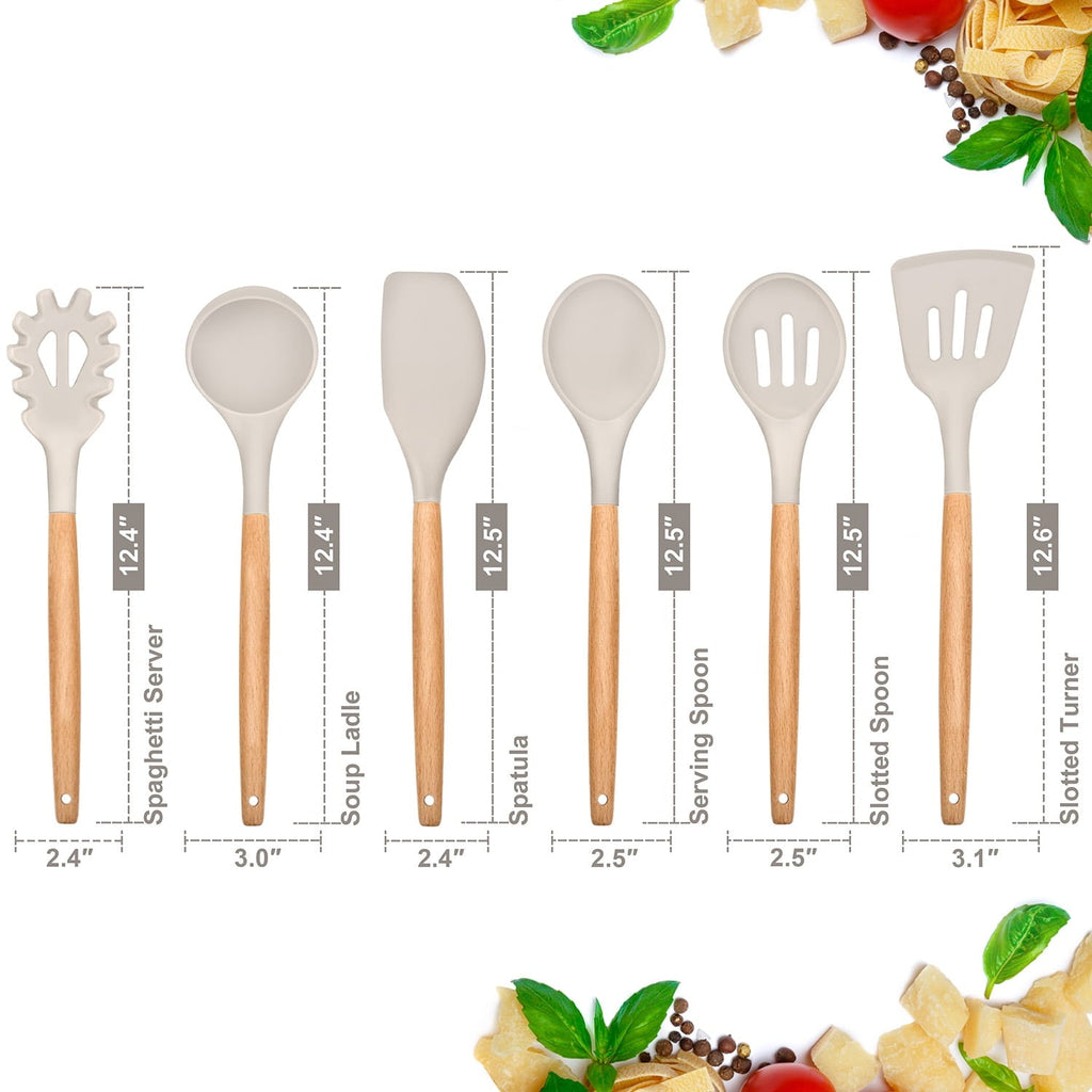 Ergonomic Cooking Kitchen Utensils Set of 6, Silicone Cooking Utensils with Wooden Handle, Non-Stick Cookware & Heat Resistant, Include... - Ergonomic Kitchen Tongs and Cooking Spoon Utensil Detail