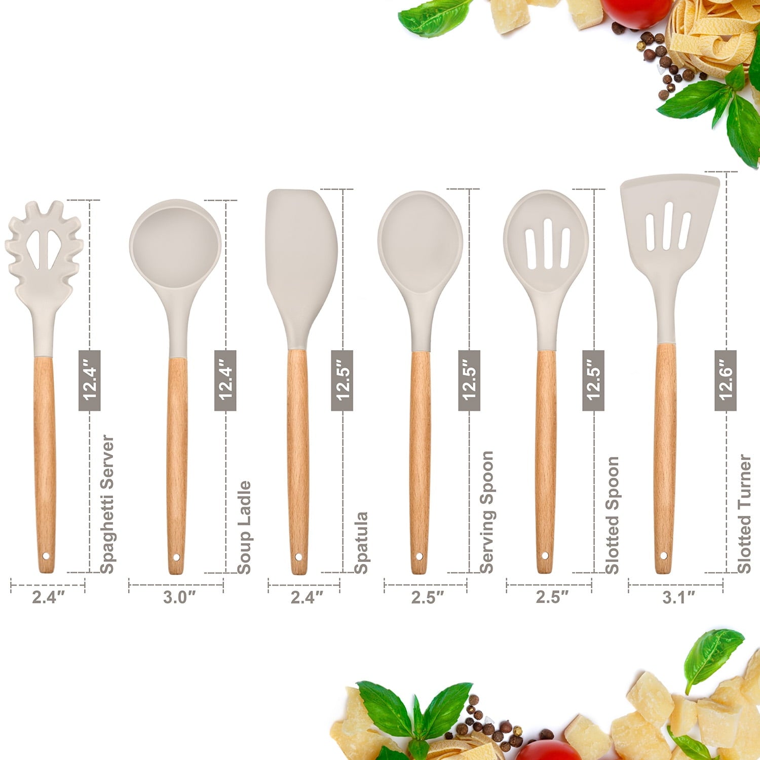Ergonomic Cooking Kitchen Utensils Set of 6, Silicone Cooking Utensils with Wooden Handle, Non-Stick Cookware & Heat Resistant, Include... - Ergonomic Kitchen Tongs and Cooking Spoon Utensil Detail