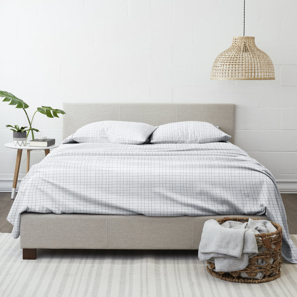 Cooling Sateen 4 Piece Pattern Microfiber Bed Sheets Set, Light Gray Crossroad, Twin - Breathable Egyptian Cotton Flat & Fitted Sheets Detail