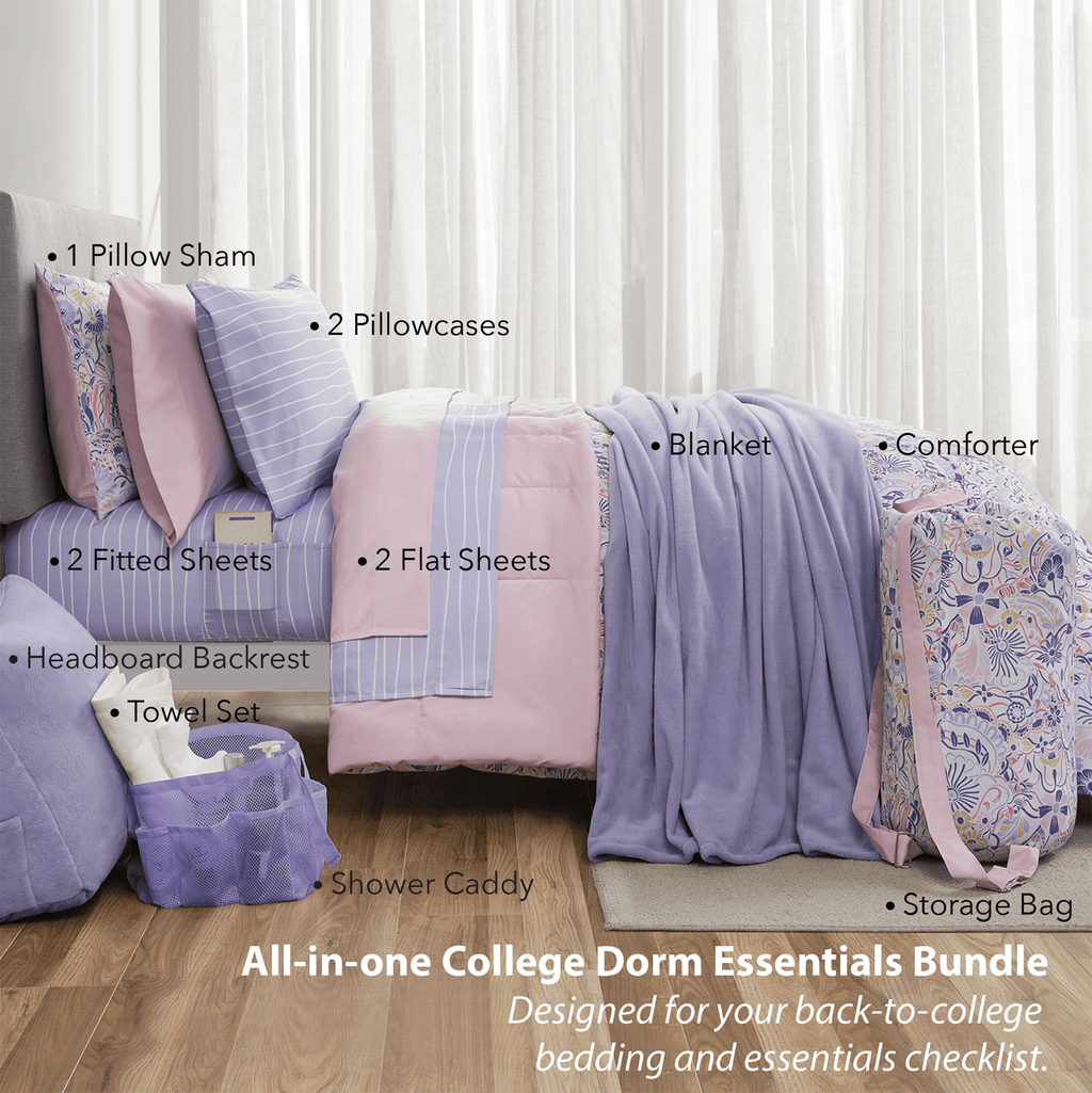 Fluffy Down Alternative 14pc College Dorm Essentials Bundle, Twin-XL, Reversible Bed in a Bag Comforter Set, Purple Floral - All-Season Down Alternative Comforter Insert Detail