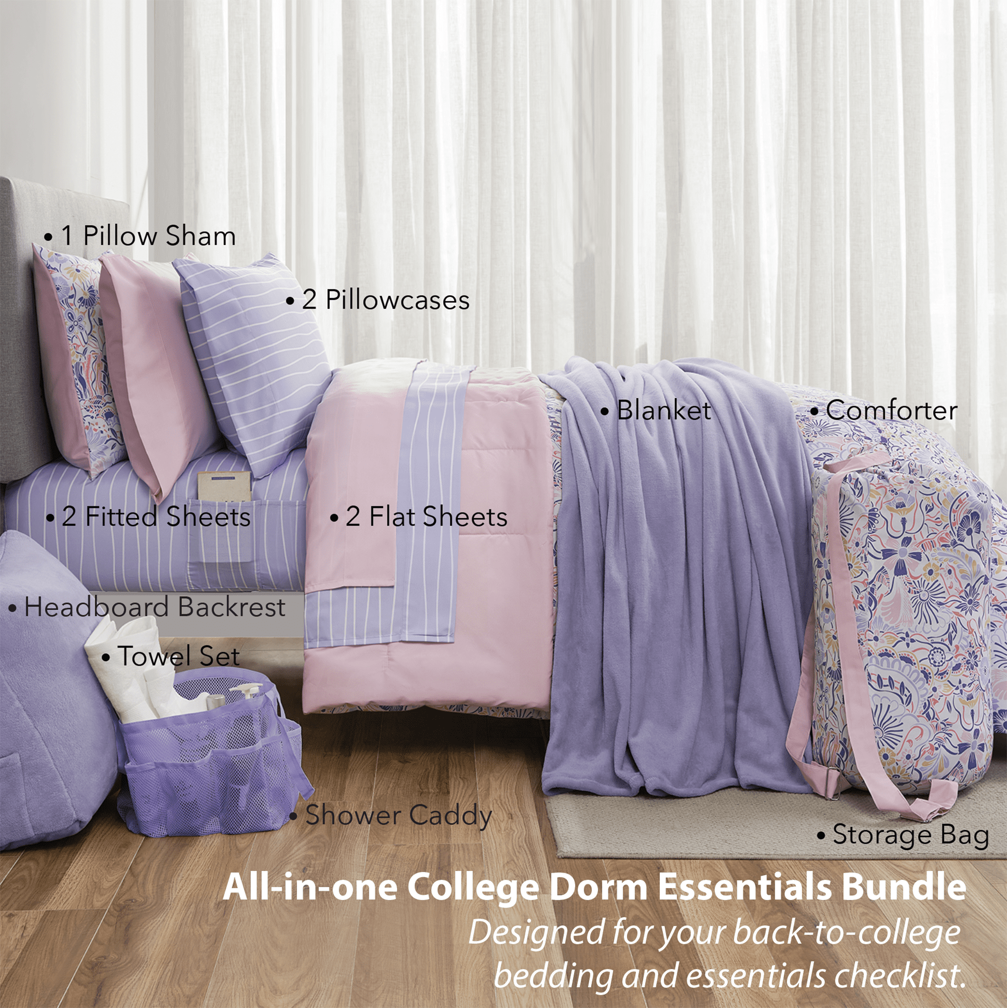 Fluffy Down Alternative 14pc College Dorm Essentials Bundle, Twin-XL, Reversible Bed in a Bag Comforter Set, Purple Floral - All-Season Down Alternative Comforter Insert Detail