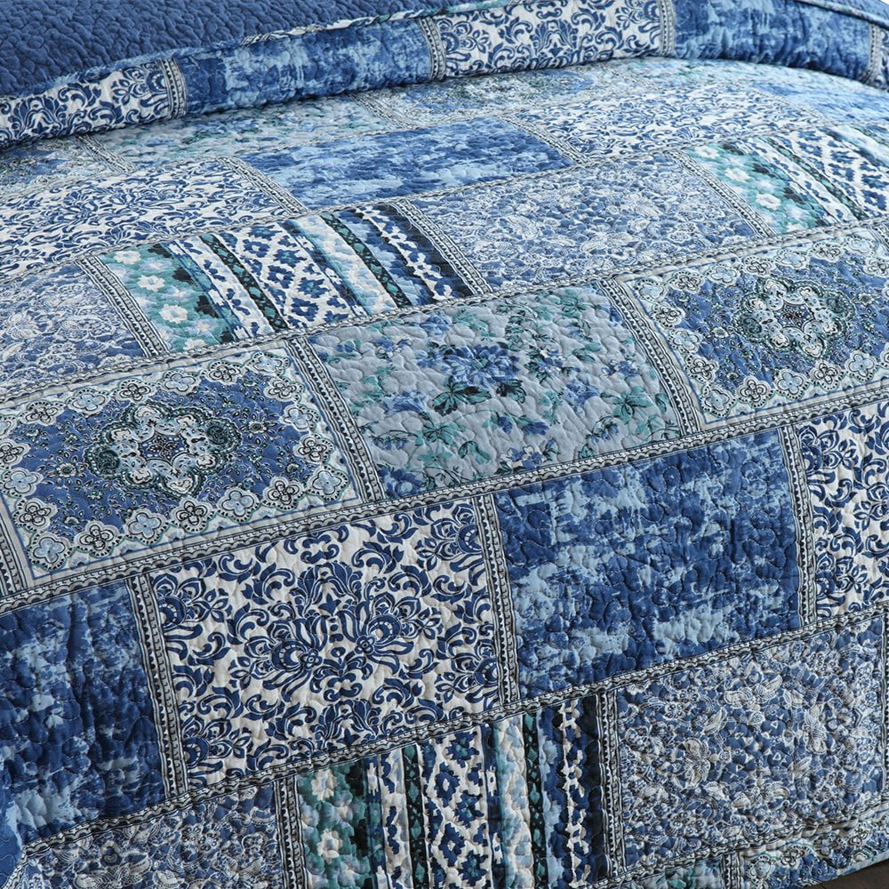 Heavyweight Warmth Quilt Comforter Cotton Bedding Set With Shams, Vintage Blue, King - Luxurious Quilted Duvet Cover Set Detail