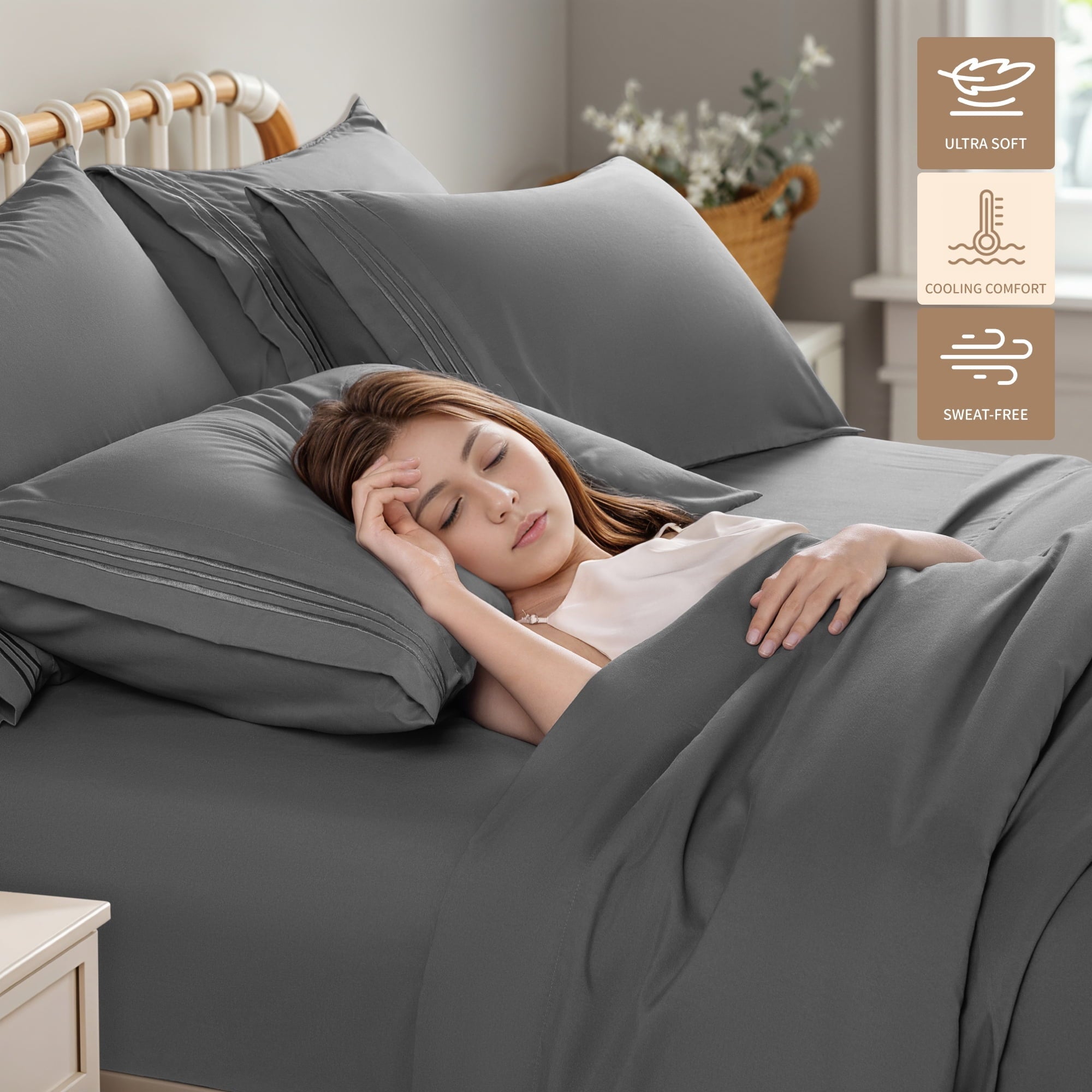 Ultra-Soft 6 Pieces Bed Sheet Set, 1800 Series Soft Microfiber Queen Sheets with 16" Deep Pocket, Dark Gray - Cooling Hotel Quality Bedding Sheets and Pillowcases Detail