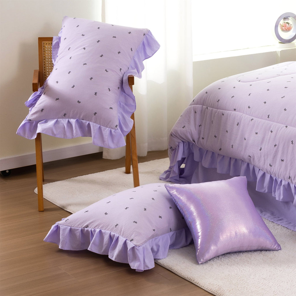 Luxurious Quilted 6 Piece Delicate Bows Purple Bedding Set Ruffle Princess Style Comforter Set Bed in a Bag - Luxurious Quilted Duvet Cover Set Detail