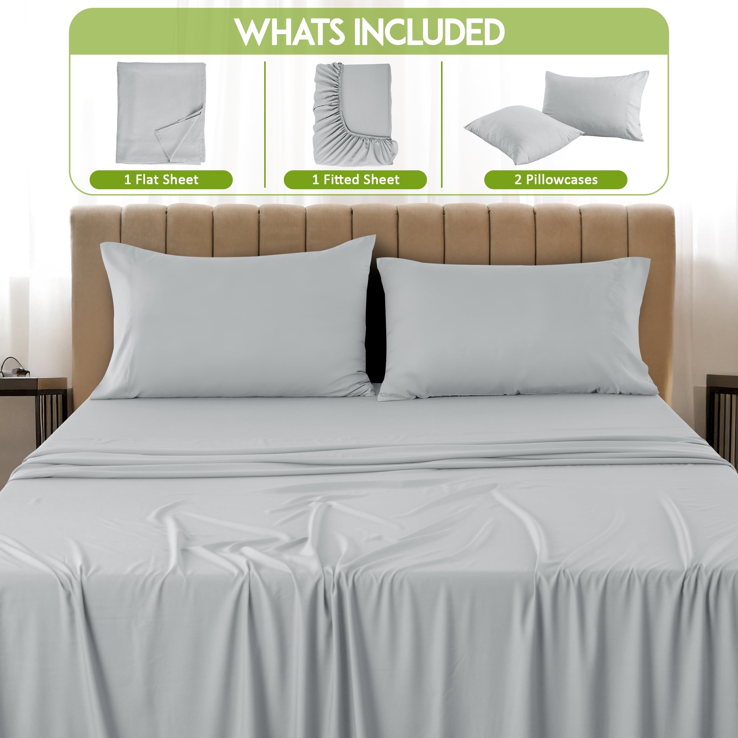 Wrinkle-Resistant Rayon - 4 Piece Cooling Bed Sheets Set, Gray - Luxury Bed Sheet Set with Deep Pockets Detail