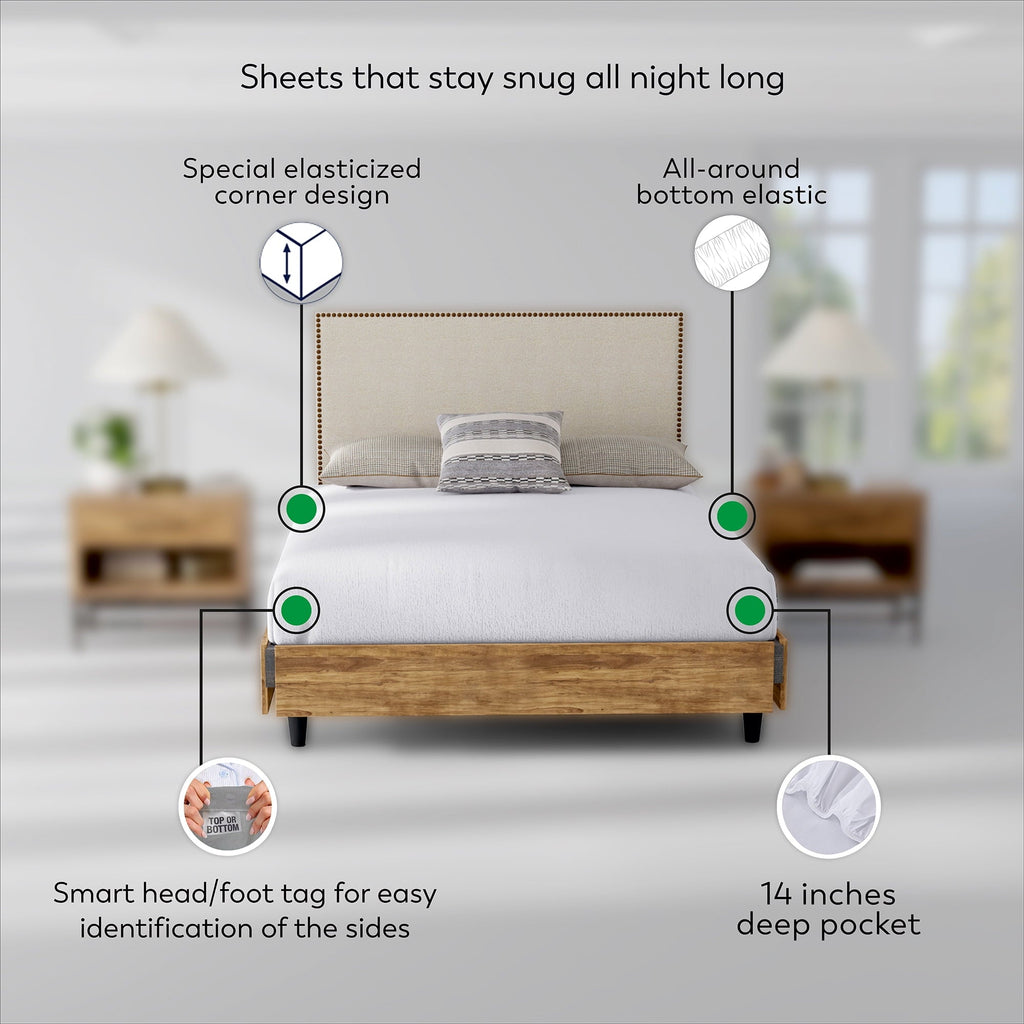 Ultra-Soft Soft Finish Microfiber Percale Queen Bed Sheet Set – 4-Piece Lightweight, Wrinkle-Resistant, Quick-Dry, Light Gray - Breathable Egyptian Cotton Flat & Fitted Sheets Detail