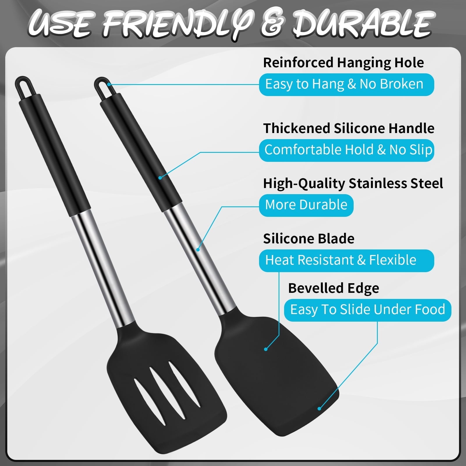 Heat-Resistant Silicone Cooking Spatulas and Spoons, 4 Pack Heat Resistant Silicone Cooking Utensils Set, Non-stick Large Ki... - Durable Turner & Ladle Utensil Set for Home Chefs Detail