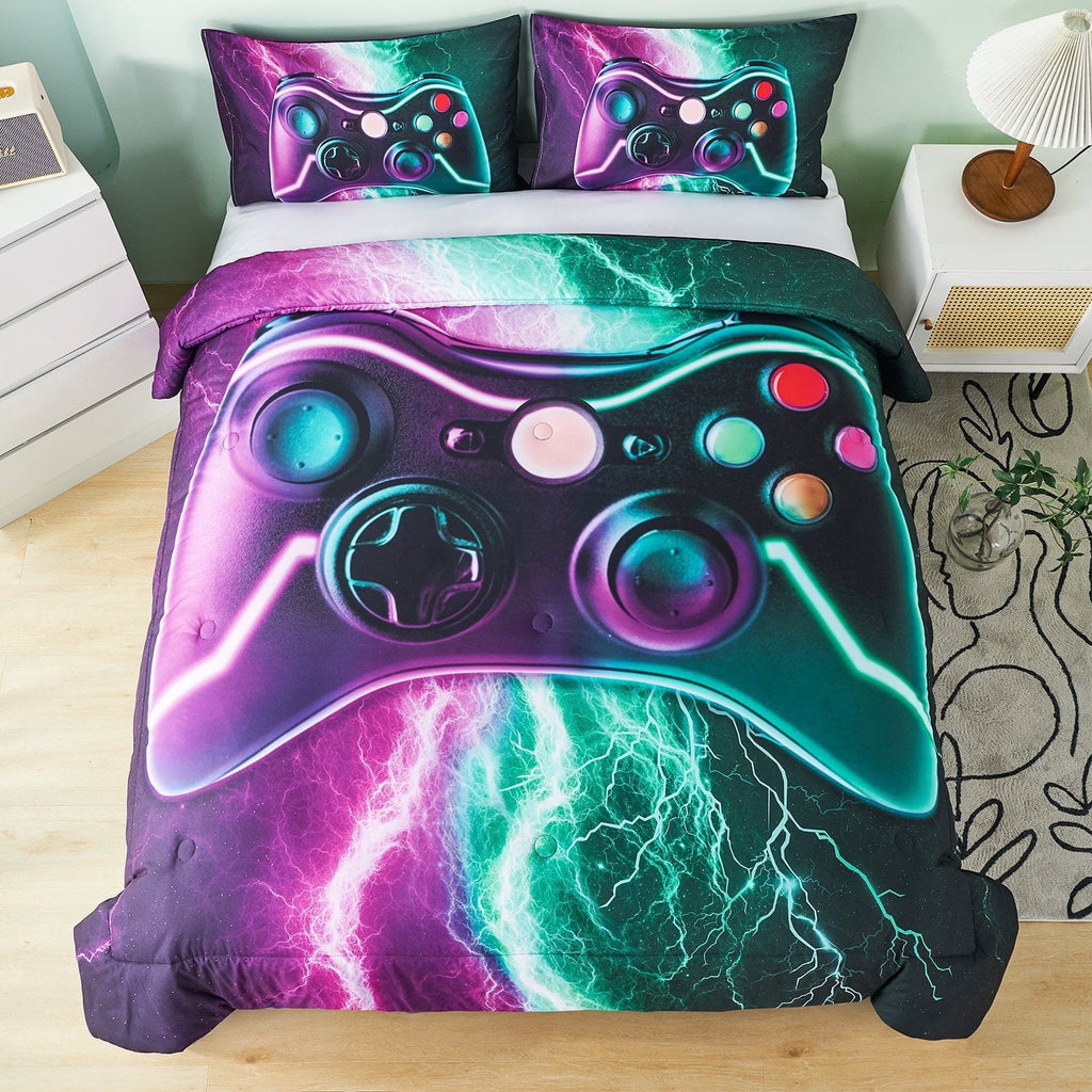 Fluffy Down Alternative Queen Size Gaming Comforter Set for Boys,3-Piece 3D Green Purple Lightning Game Controller Bedding Set for Kids Teens - Cloud-Like Soft Lightweight Bed Comforter Detail