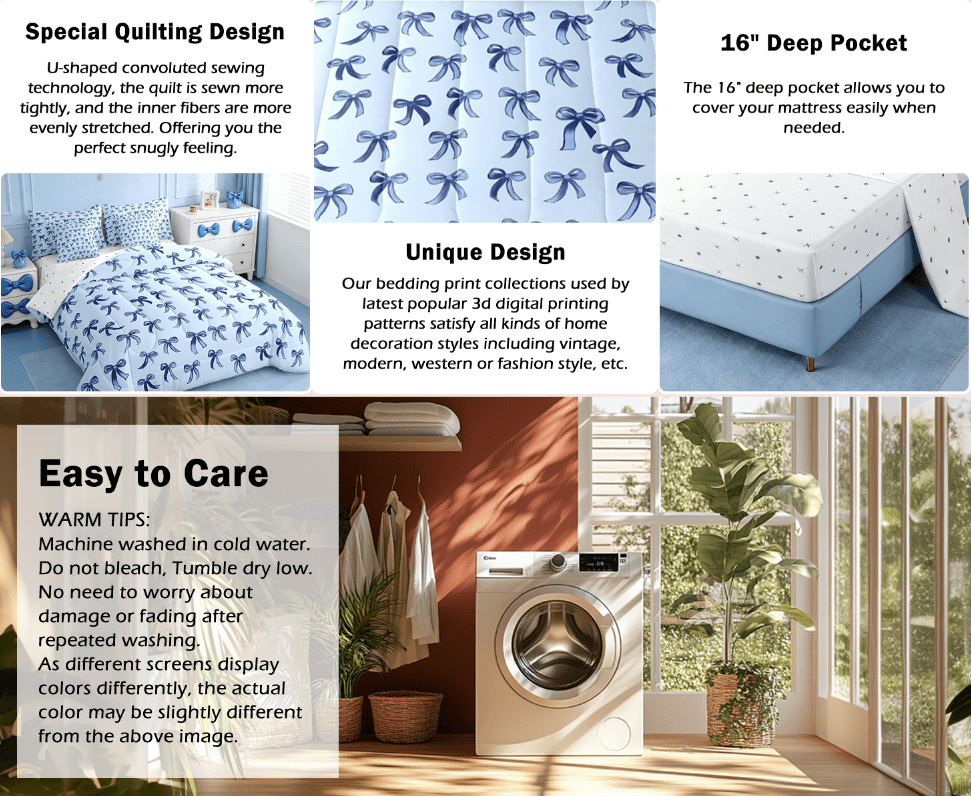 Luxurious Quilted Cute Bowknot Twin Bedding Sets 7-Piece,Girls Ribbon Bow Bedding Comforter Set,Dreamy Blue Sheet Sets For Girls,Super ... - Cloud-Like Soft Lightweight Bed Comforter Detail