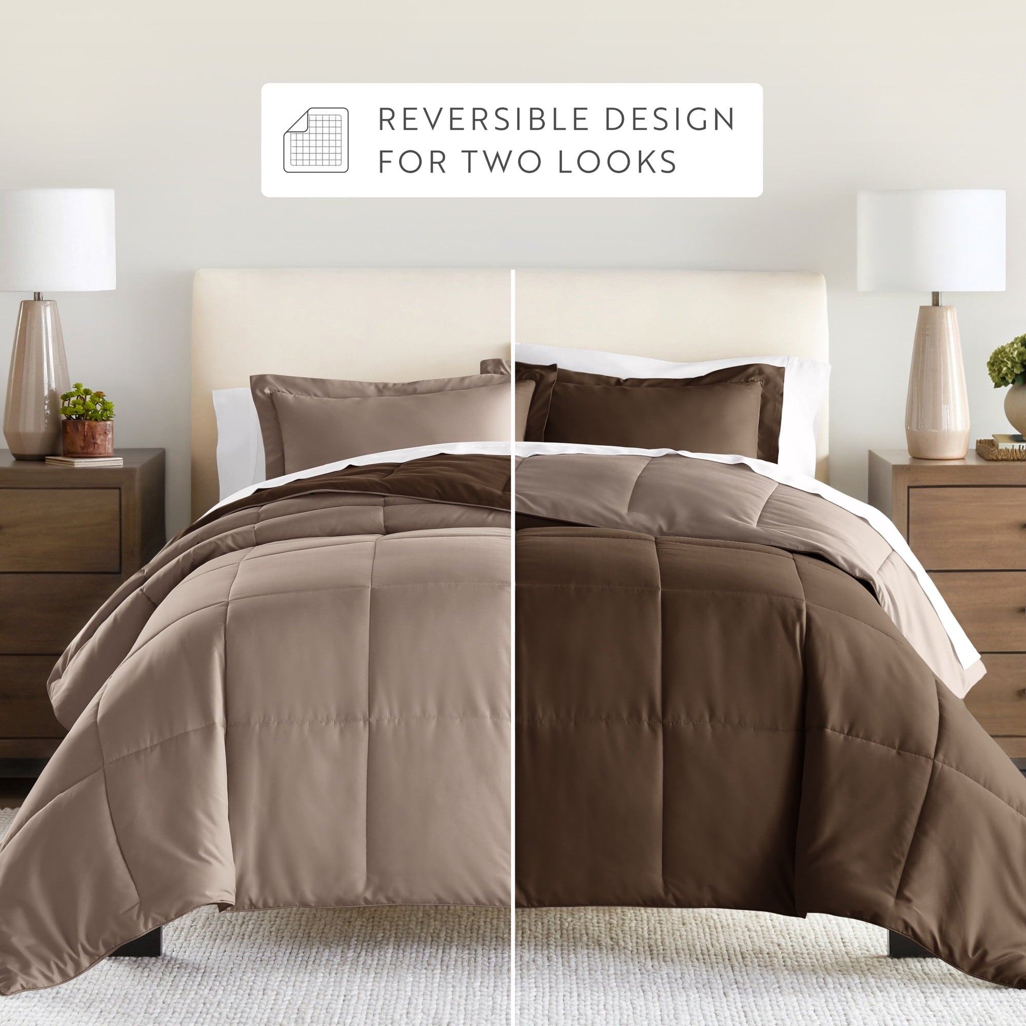 Fluffy Down Alternative All Season Reversible Comforter Set Breathable Cool in Taupe & Chocolate Brown Full/Queen Size Bedding - Luxurious Quilted Duvet Cover Set Detail