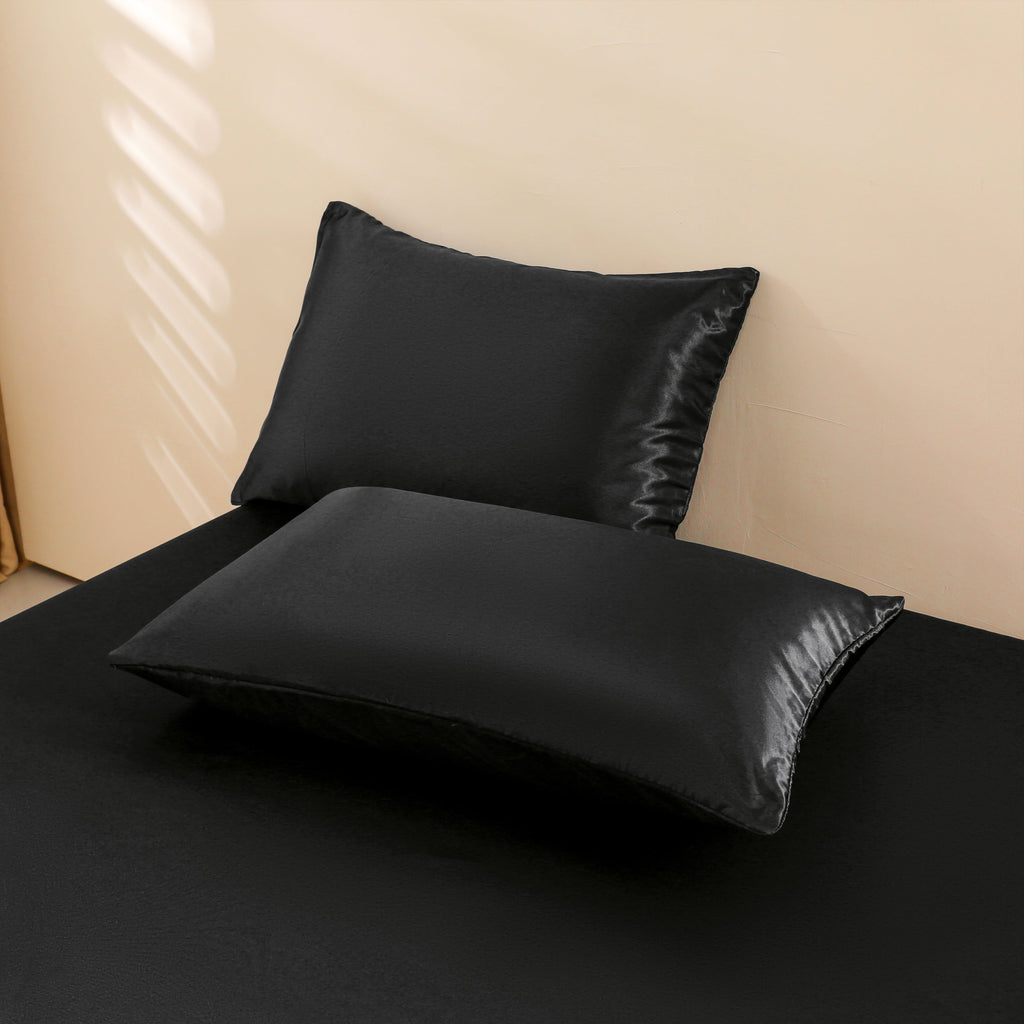 Cooling Sateen 4Pcs Black Satin Sheets Queen Set Silk Sheets 13" Deep Pocket Ultra Soft silky Bed Sheet Set - Breathable Egyptian Cotton Flat & Fitted Sheets Detail