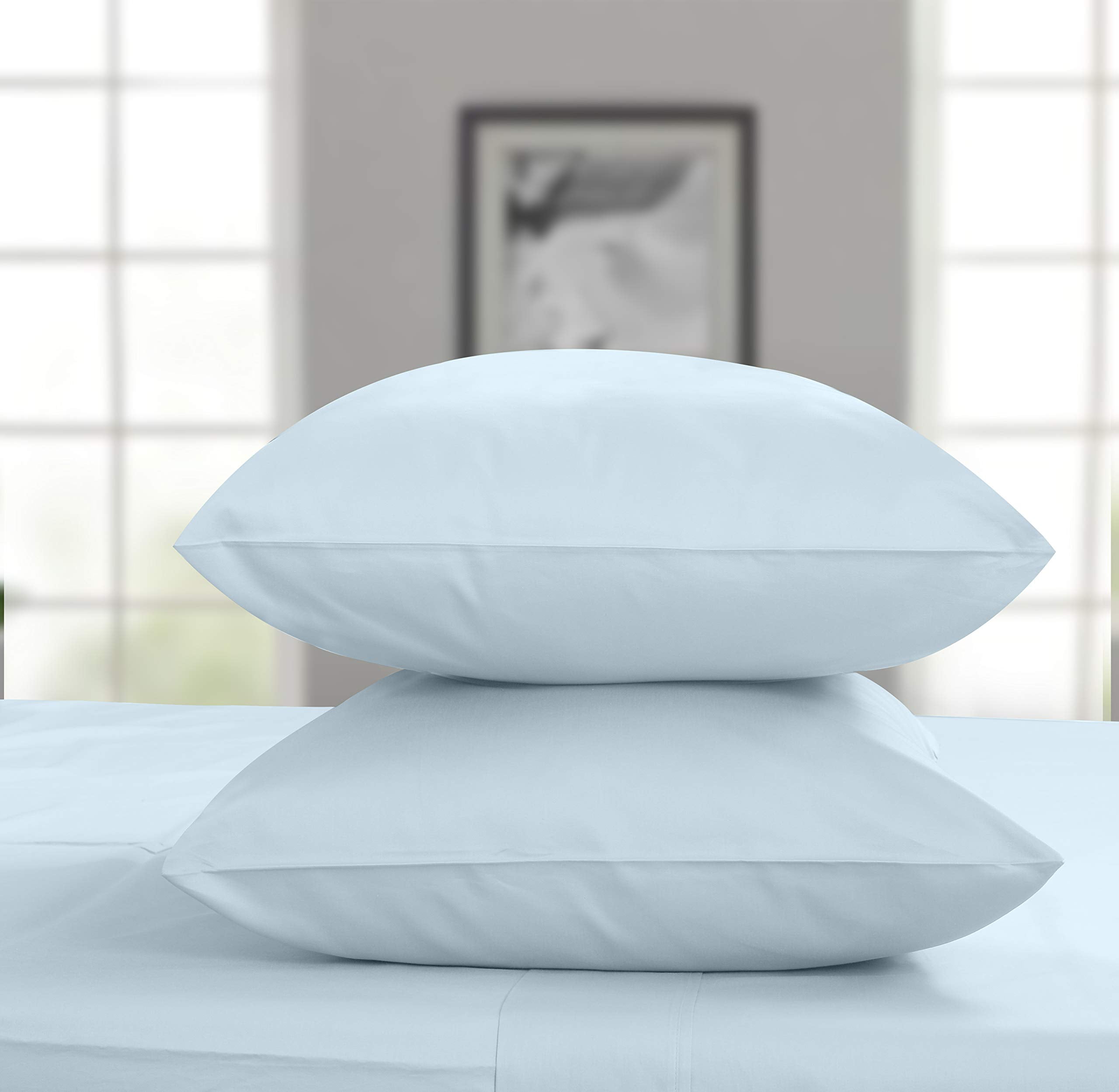 Premium Egyptian Cotton 100% Cotton King Bed Sheets Set - 4-Piece, 300 Thread Count, Lightweight Sateen, Light Blue - Breathable Egyptian Cotton Flat & Fitted Sheets Detail