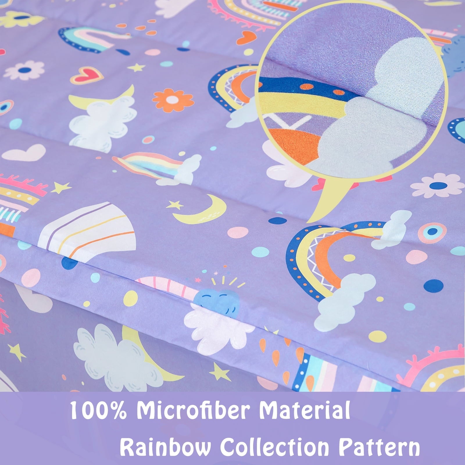 Luxurious Quilted Zipper Kids Comforter Set, 3-Piece Purple Twin Bed in a Bag, Cartoon Rainbow Stars Flowers Printed Zip Up Comforter S... - Luxurious Quilted Duvet Cover Set Detail