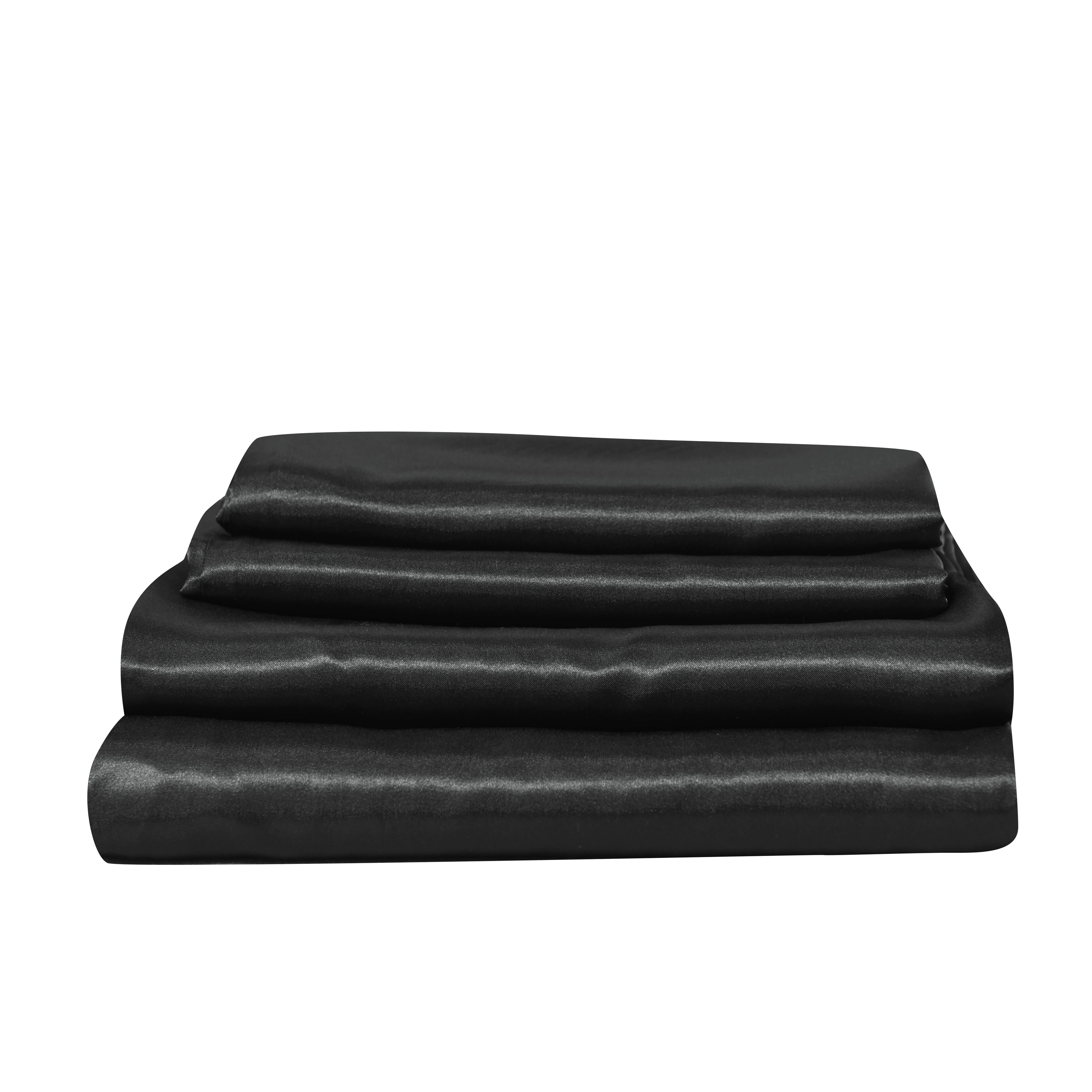 Premium Egyptian Cotton Satin Sheets Full Black Luxury Silky Bed Sheets 1800 Microfiber Sheet Set 4 Pcs - Cooling Hotel Quality Bedding Sheets and Pillowcases Detail