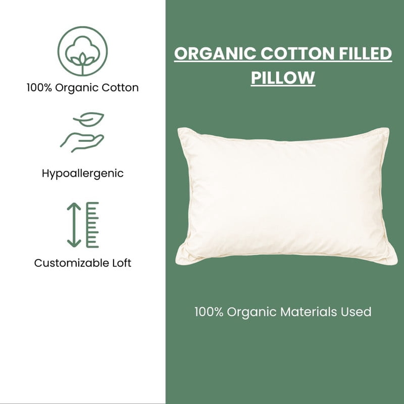 Decorative Plump 100% Organic Cotton Pillow with Organic Cotton Cover - GOTS CERTIFIED - Adjustable Loft, Head Neck Pain Relief, Back ... - Decorative Throw Pillow Cushion for Sofa & Bed Detail