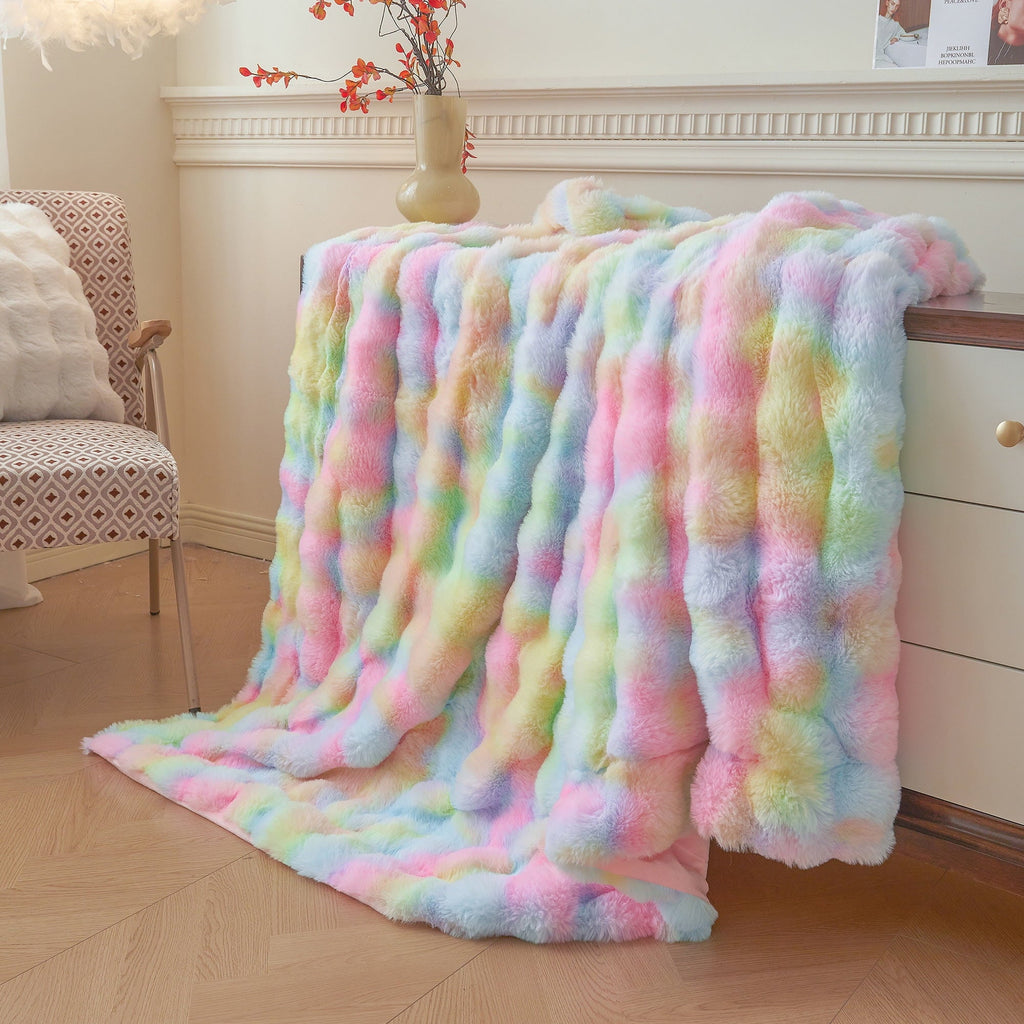 Decorative Knitted Fluffy Faux Rabbit Fur Bubble Throw, Rainbow Plush Shaggy Blanket for Couch Sofa Chair, Soft Tie Dye Furry Blanket Ad... - Luxury Knitted Decorative Throw Blanket with Fringes Detail