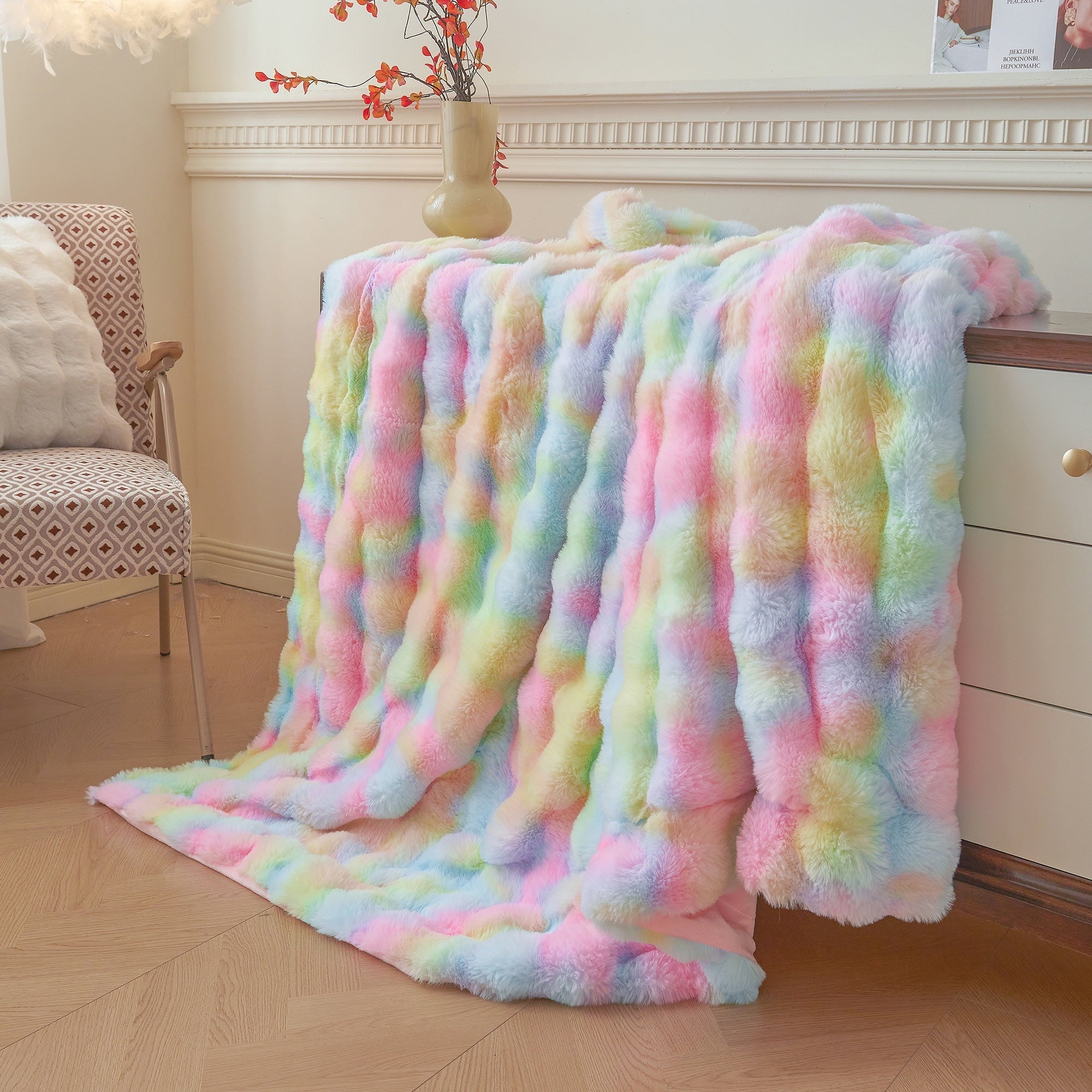 Decorative Knitted Fluffy Faux Rabbit Fur Bubble Throw, Rainbow Plush Shaggy Blanket for Couch Sofa Chair, Soft Tie Dye Furry Blanket Ad... - Luxury Knitted Decorative Throw Blanket with Fringes Detail