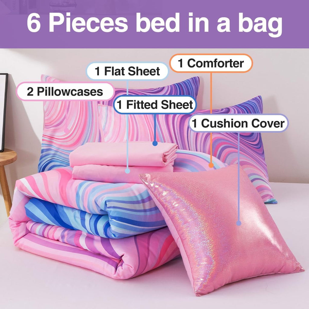 All-Season 6 Pieces Gradient Star Ring Comforter Set, Colorful Glitter Rainbow Wave Stripes Pattern Bedding Set for Boys Girls T... - Hypoallergenic Ultra-Fluffy Quilt for Winter Detail