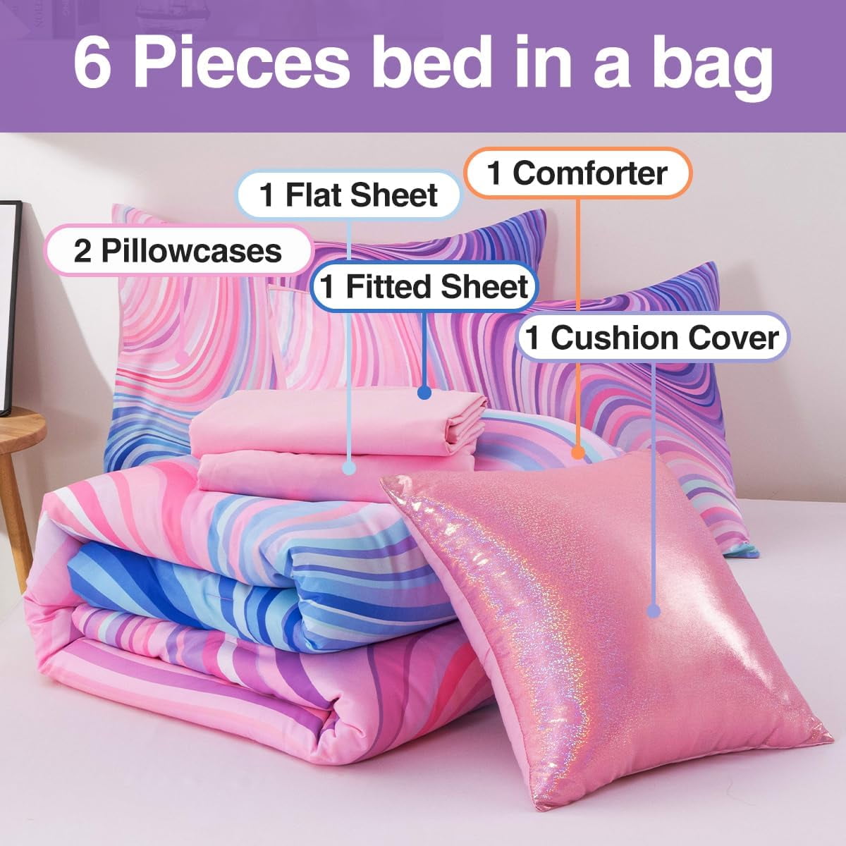 All-Season 6 Pieces Gradient Star Ring Comforter Set, Colorful Glitter Rainbow Wave Stripes Pattern Bedding Set for Boys Girls T... - Hypoallergenic Ultra-Fluffy Quilt for Winter Detail