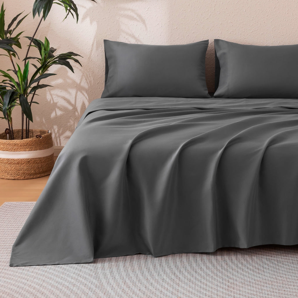 Premium Egyptian Cotton Sheet Set Twin Size Gray, 3 Pieces 140 GSM Brushed Elastic Fitted Soft & Cozy Bed Sheets Set with Deep Pocket - Breathable Egyptian Cotton Flat & Fitted Sheets Detail