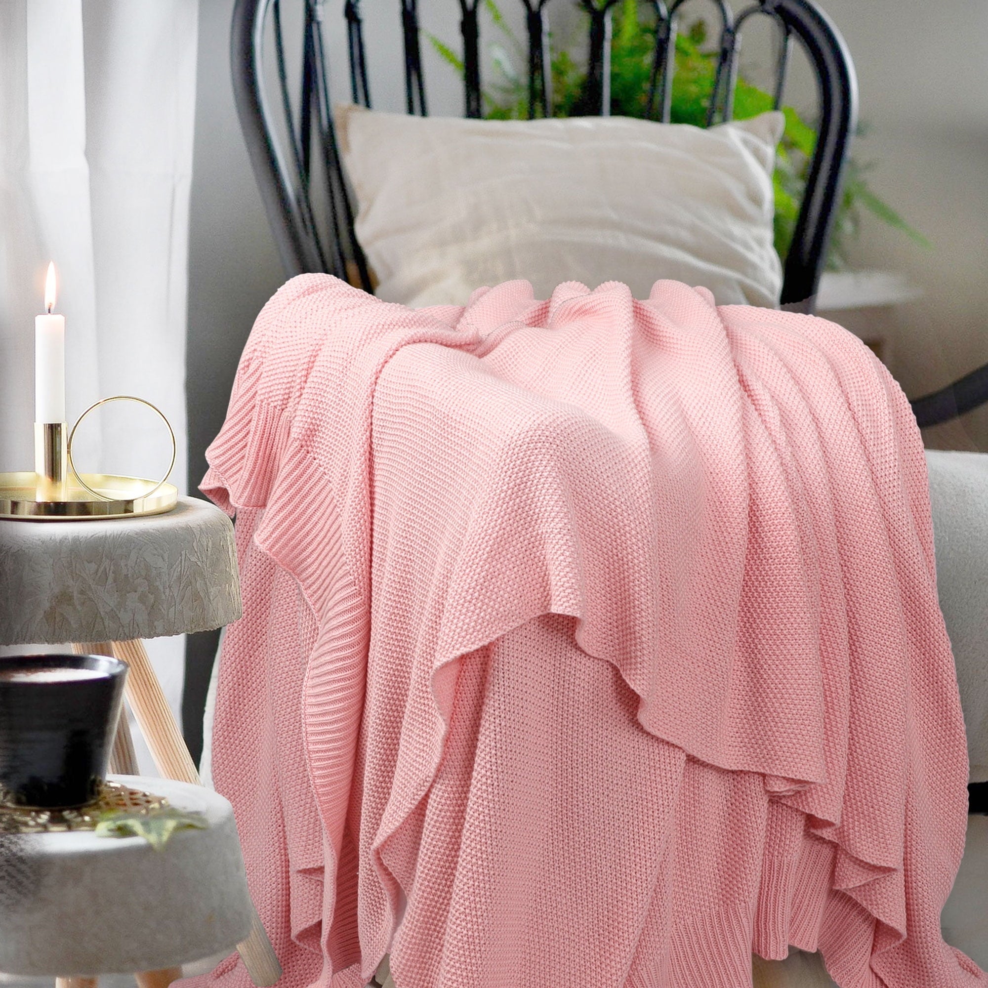 Lightweight Warm Pure Cotton Soft Cable Knit Throw Blanket Pink 50" x 70" - Luxury Knitted Decorative Throw Blanket with Fringes Detail