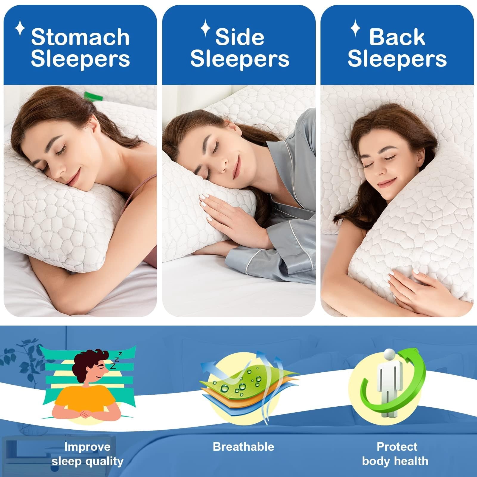 Decorative Plump Cooling Bed Pillows Queen Size Set of 2, Shredded Memory Foam Pillows for Sleeping 2 Pack, Adjustable Soft Firm Pillo... - Decorative Throw Pillow Cushion for Sofa & Bed Detail