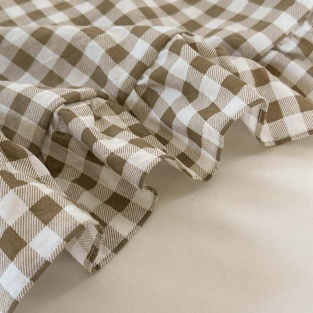 Luxurious Quilted Tan Gingham Ruffle Queen Comforter Set, Taupe Ruffled Plaid Bedding Set, Ruffled Checked Bed Comforter 3 Pieces(Tan G... - Luxurious Quilted Duvet Cover Set Detail