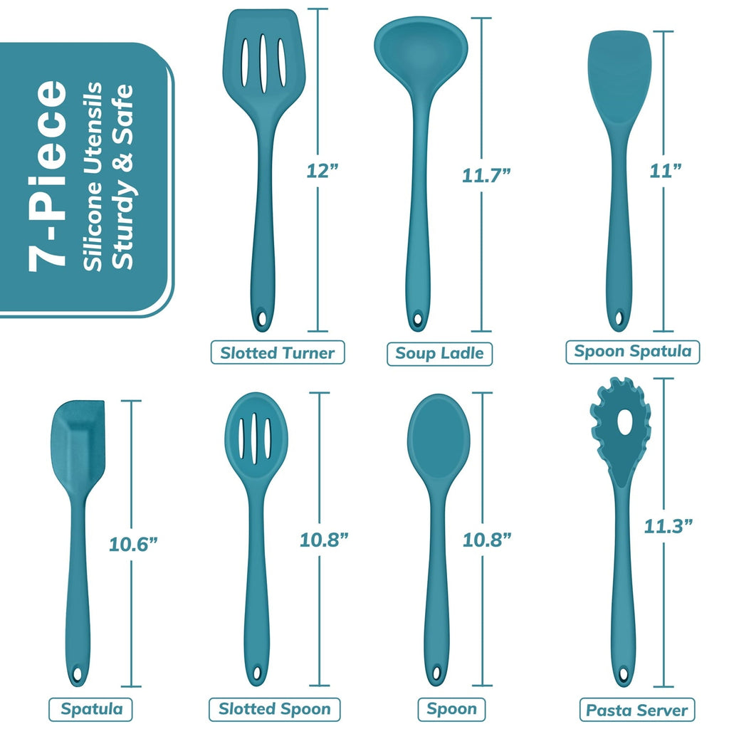 Seamless One-Piece 7-Piece Silicone Cooking Utensils Set, Blue Kitchen Utensils, Non-stick Gadgets Tools Include Slotted Turner, Soup La... - Ergonomic Kitchen Tongs and Cooking Spoon Utensil Detail