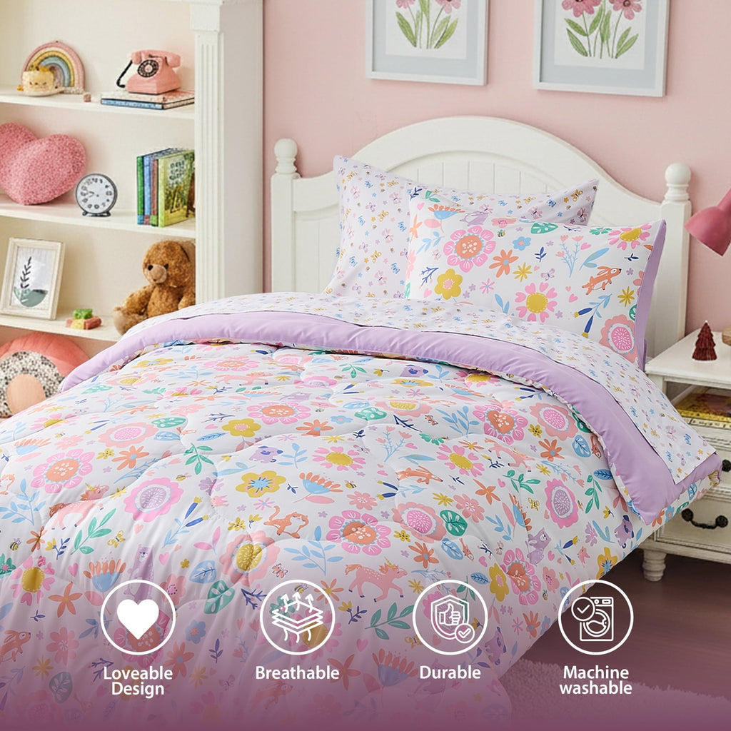 Fluffy Down Alternative Floral Comforter Set, Soft Microfiber Flower Bedding Set, 5 Pieces with Comforter, Sheets and Pillowcases, Twin - Cloud-Like Soft Lightweight Bed Comforter Detail