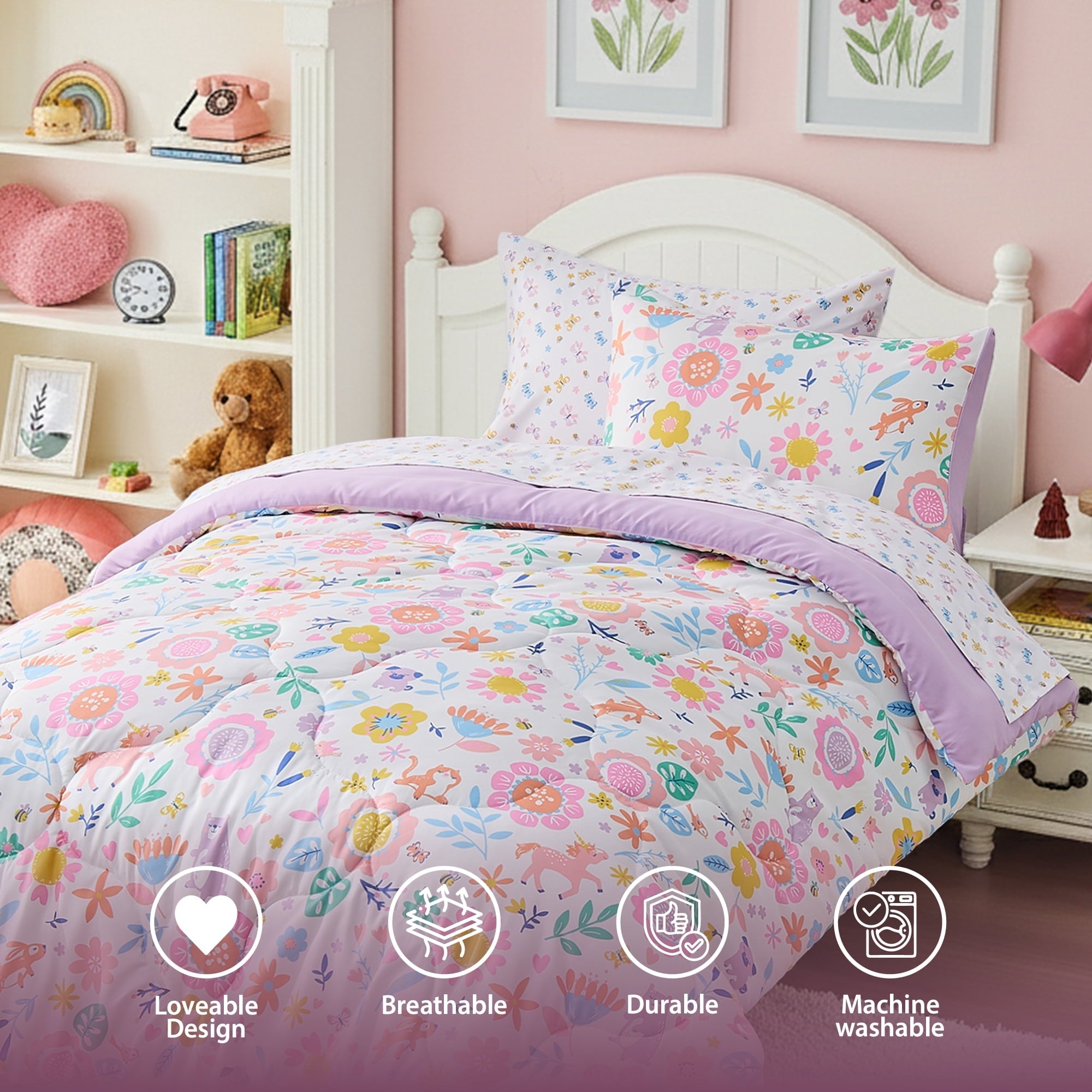 Fluffy Down Alternative Floral Comforter Set, Soft Microfiber Flower Bedding Set, 5 Pieces with Comforter, Sheets and Pillowcases, Twin - Cloud-Like Soft Lightweight Bed Comforter Detail
