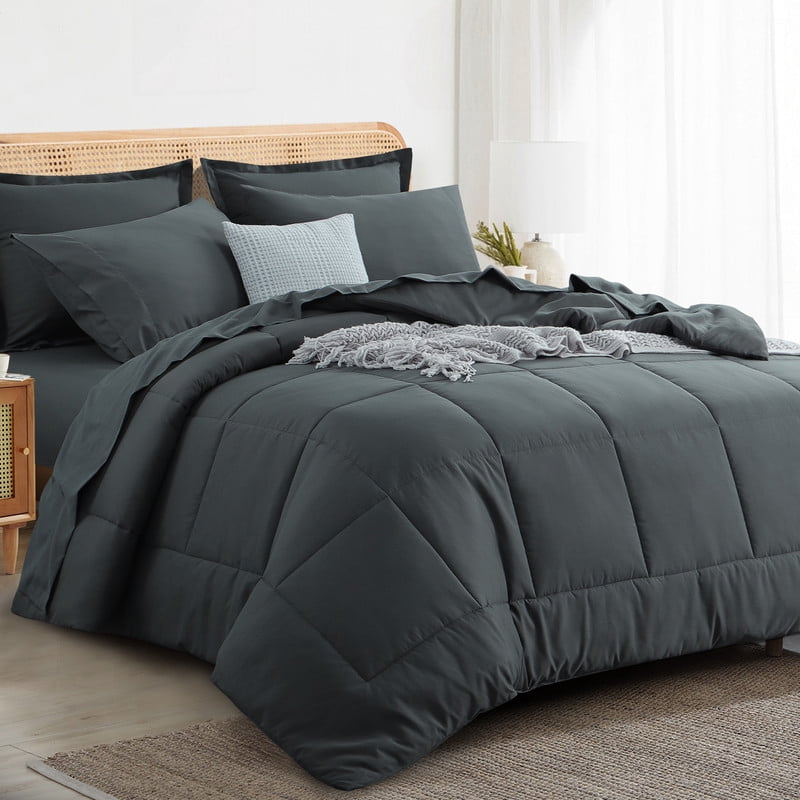 Fluffy Down Alternative 7 Pieces Comforter Set with Sheets - Bed in a Bag with Comforter and All Season Sheets, Pillowcases,Dark Gray,Queen - Hypoallergenic Ultra-Fluffy Quilt for Winter Detail