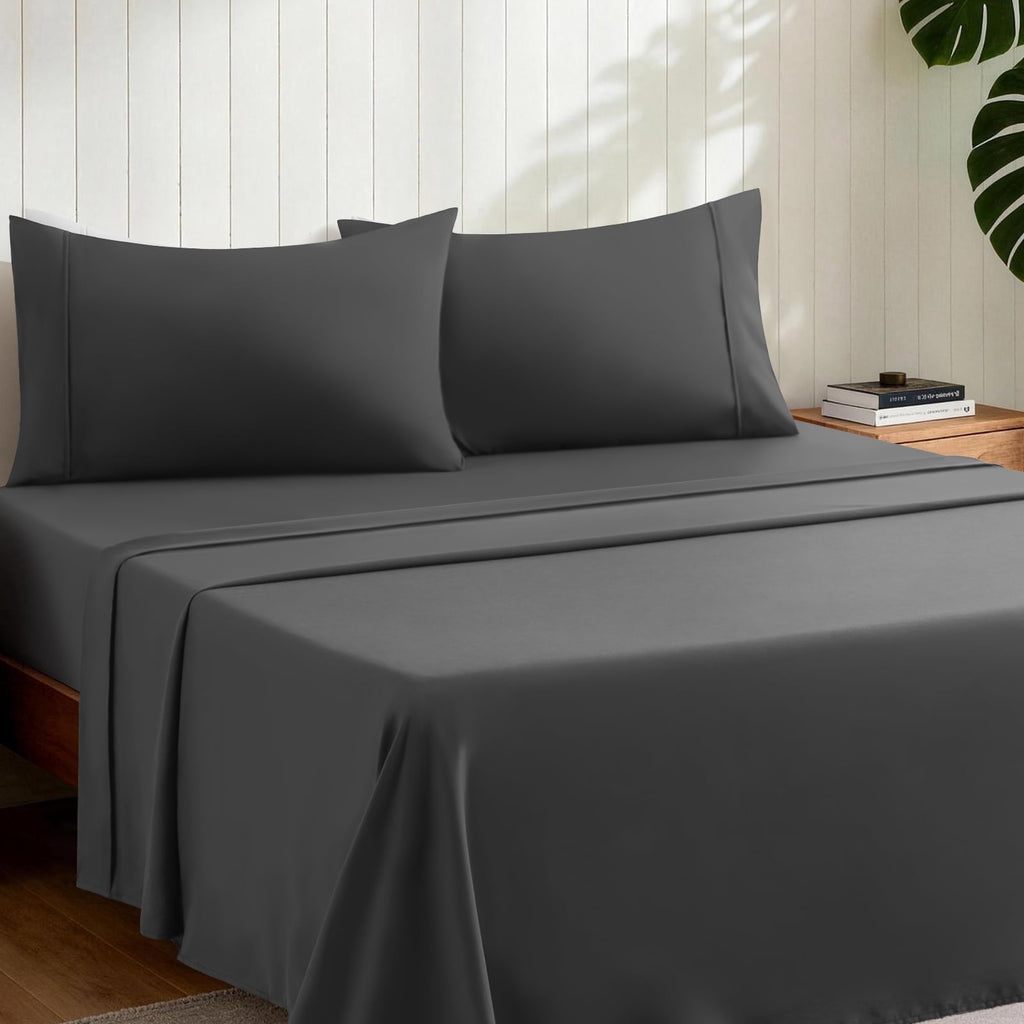 Breathable Luxury Sheets,Soft Hotel Luxury Polyester Washed Cotton,4 Piece Sheets Set,with 14" Deep Pocket,Dark Gray - Premium Ultra-Soft Pillowcase Pair for Sleeping Detail