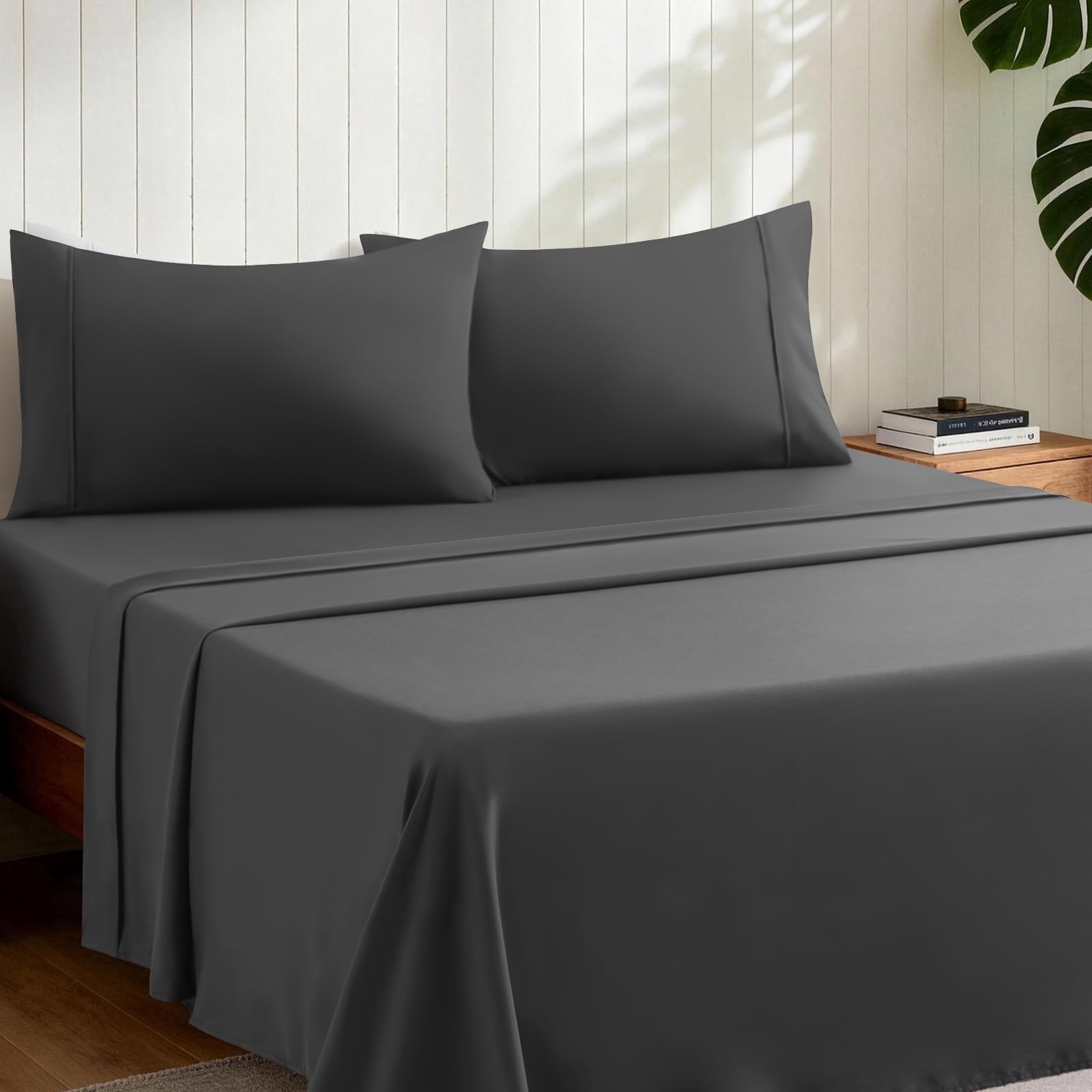 Breathable Luxury Sheets,Soft Hotel Luxury Polyester Washed Cotton,4 Piece Sheets Set,with 14" Deep Pocket,Dark Gray - Premium Ultra-Soft Pillowcase Pair for Sleeping Detail