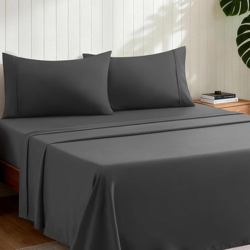 Breathable Luxury Sheets,Soft Hotel Luxury Polyester Washed Cotton,4 Piece Sheets Set,with 14" Deep Pocket,Dark Gray - Premium Ultra-Soft Pillowcase Pair for Sleeping Detail