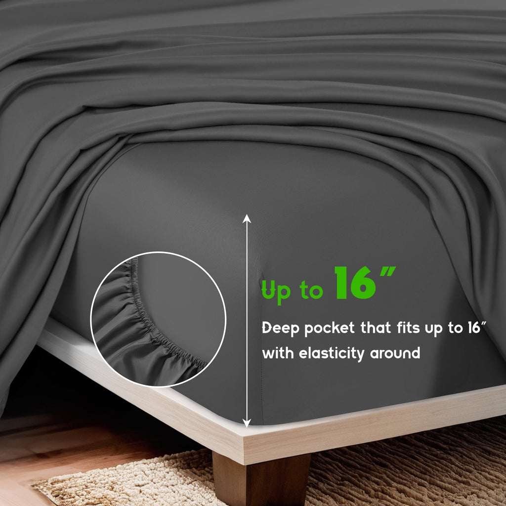 Premium Egyptian Cotton Luxury Bamboo Bed Sheet Set - Deep Pockets - 4 Piece, Queen, Dark Gray - Cooling Hotel Quality Bedding Sheets and Pillowcases Detail