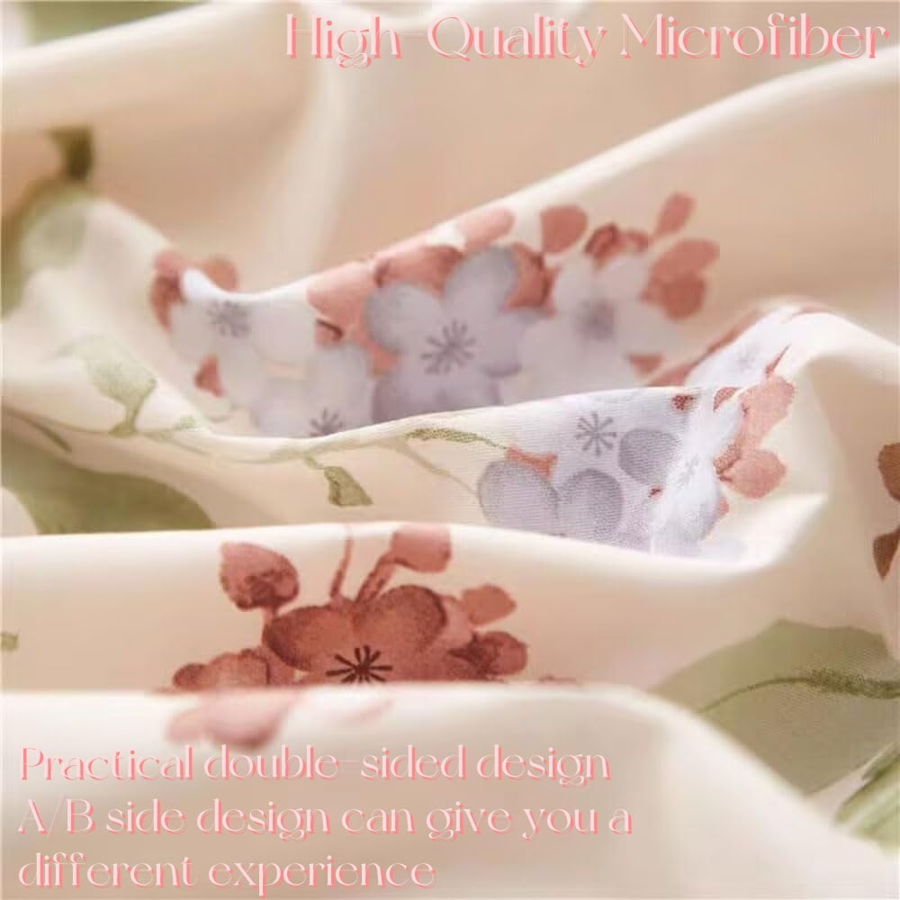 Fluffy Down Alternative White with Pink Flowers King Comforter Sets, 3 Pieces Chic Garden Style Reversible Bedding Sets for Adults All Season - Luxurious Quilted Duvet Cover Set Detail