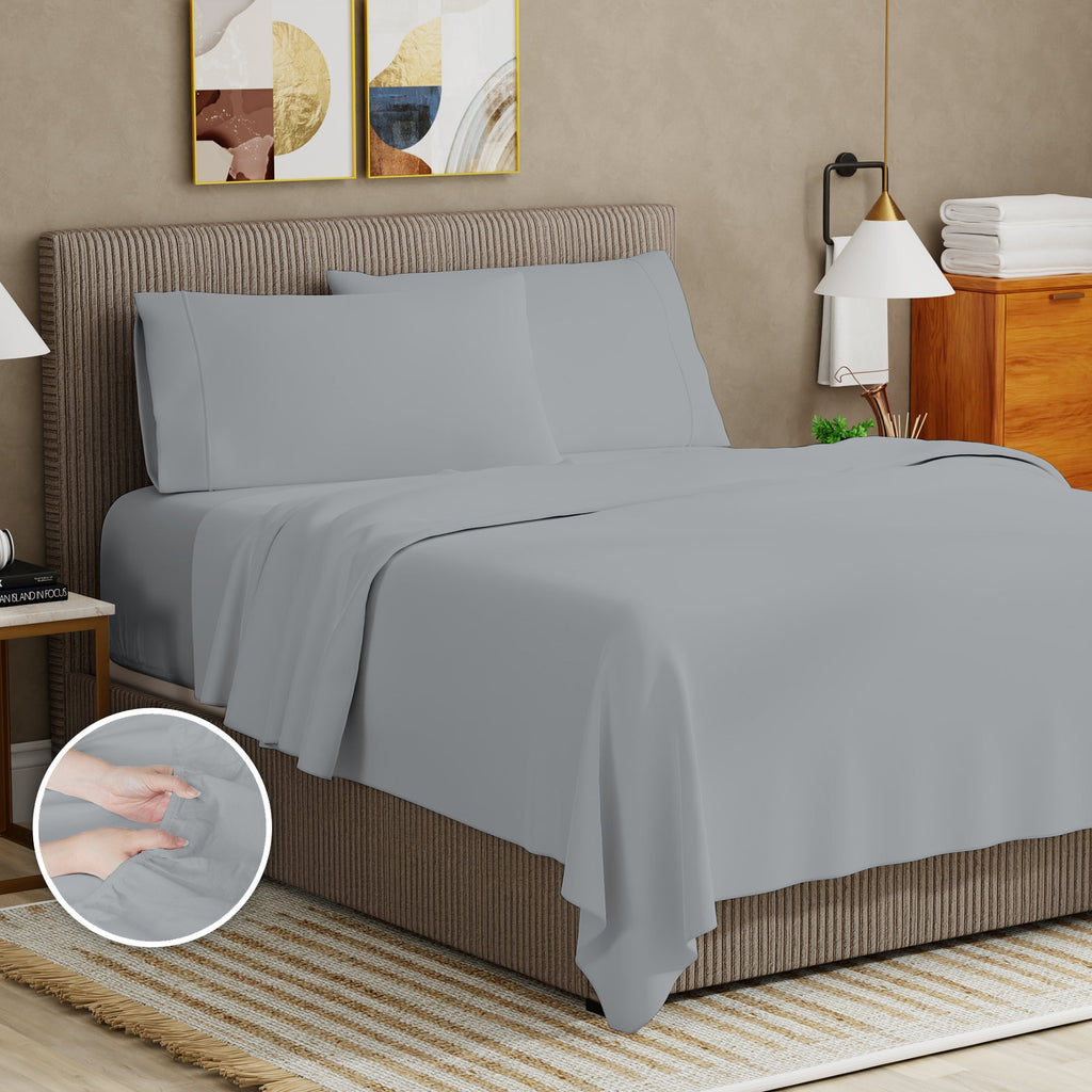 Ultra-Soft Soft Finish Microfiber Percale Queen Bed Sheet Set – 4-Piece Lightweight, Wrinkle-Resistant, Quick-Dry, Light Gray - Breathable Egyptian Cotton Flat & Fitted Sheets Detail