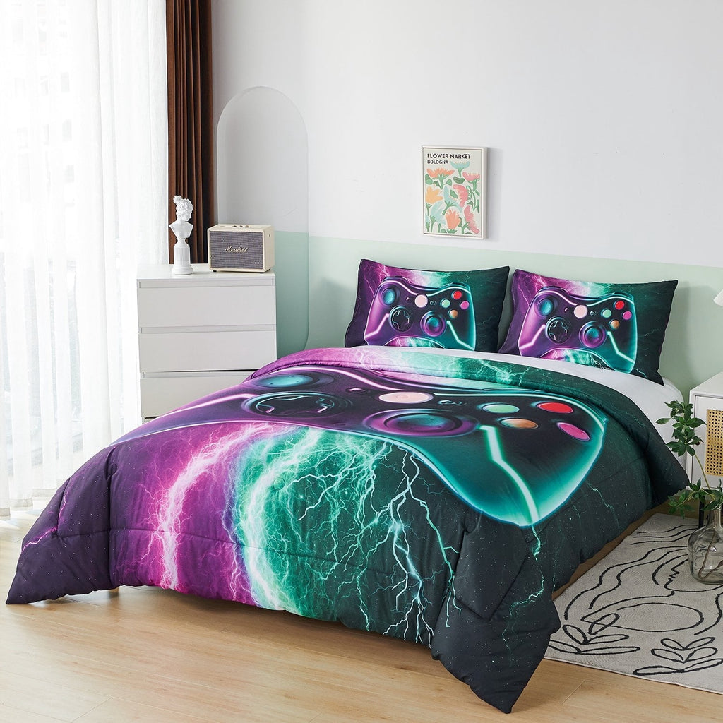 Fluffy Down Alternative Queen Size Gaming Comforter Set for Boys,3-Piece 3D Green Purple Lightning Game Controller Bedding Set for Kids Teens - Cloud-Like Soft Lightweight Bed Comforter Detail