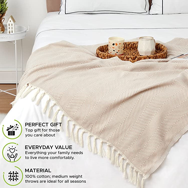 Super Soft Flannel Turkish Cotton Throw Blanket & Beach Towel, 60"x70" Boho Decorative Blanket for Couch, Bed, Sofa & Outdoor, Lightweig... - Super Soft Reversible Sherpa Flannel Blanket Detail