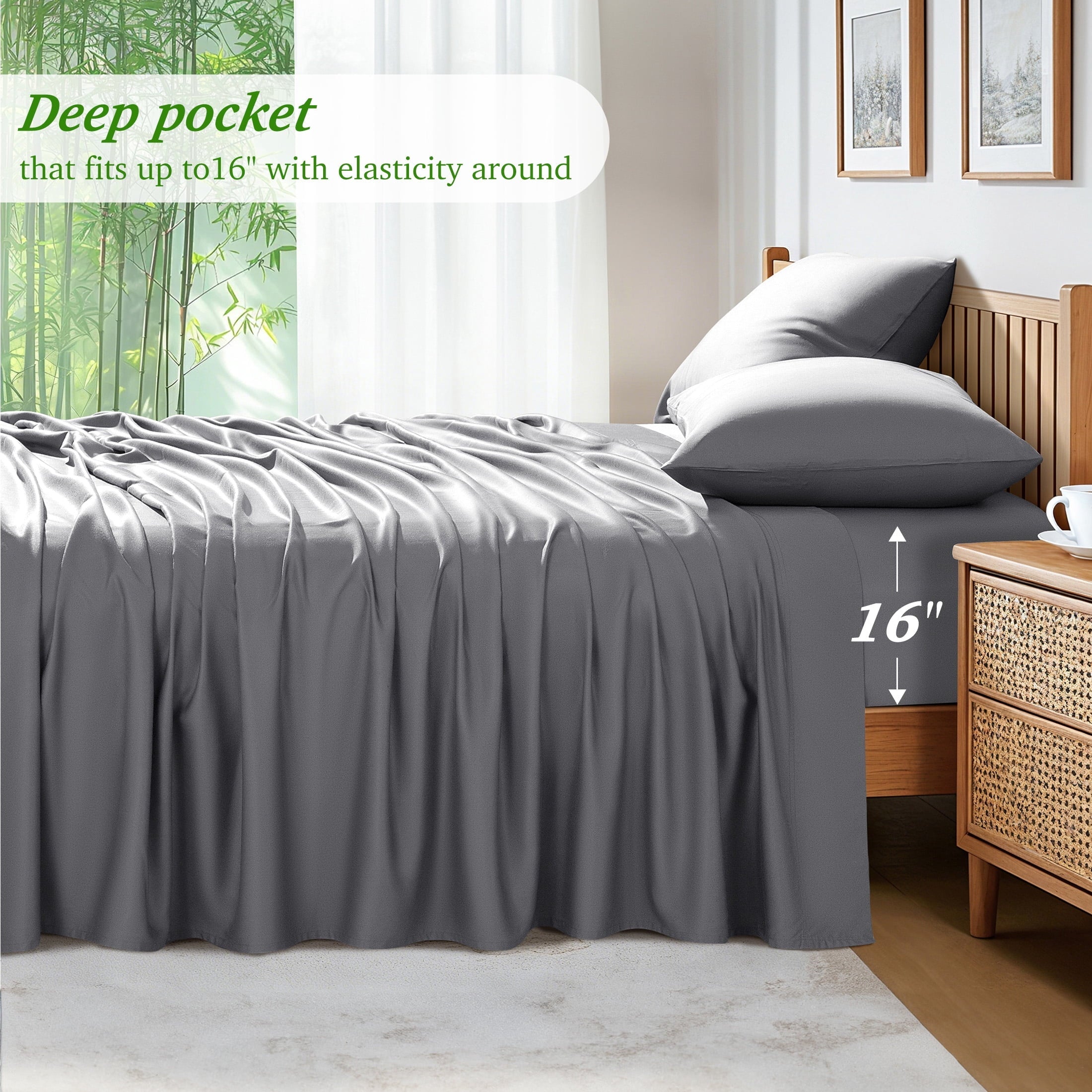 Ultra-Soft Bamboo Queen Sheet Set, Luxury Soft 4 Pieces Bed Sheets with 18" Deep Pocket, Gray - Breathable Egyptian Cotton Flat & Fitted Sheets Detail