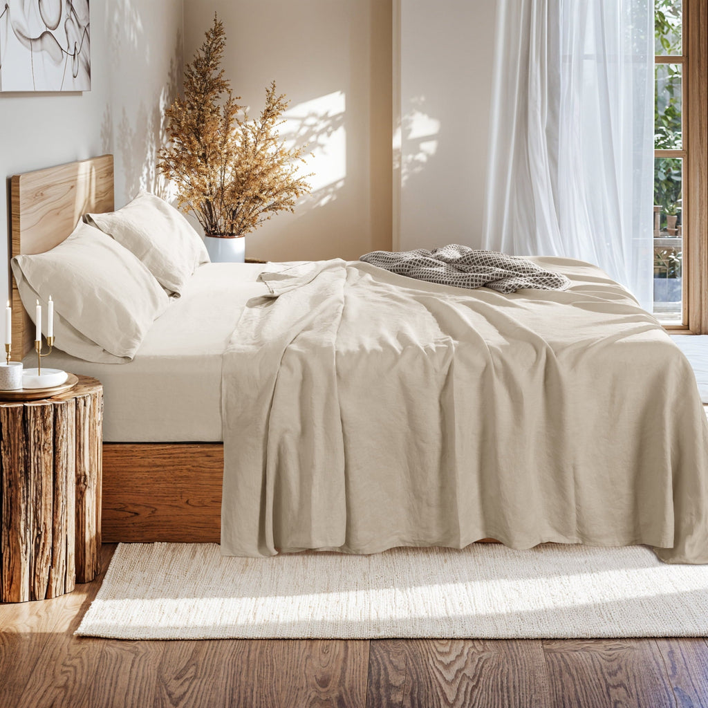 Breathable Luxury Natural Linen Cotton Bed Sheets Set, Deep Pocket - Breathable - Durable - 4 Pieces (Linen, Queen) - Breathable Egyptian Cotton Flat & Fitted Sheets Detail